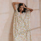 trueBrowns Pink Yellow Floral On White Block Print Cotton Panel Kaftan Kurta Pant Set | Swadesiicart