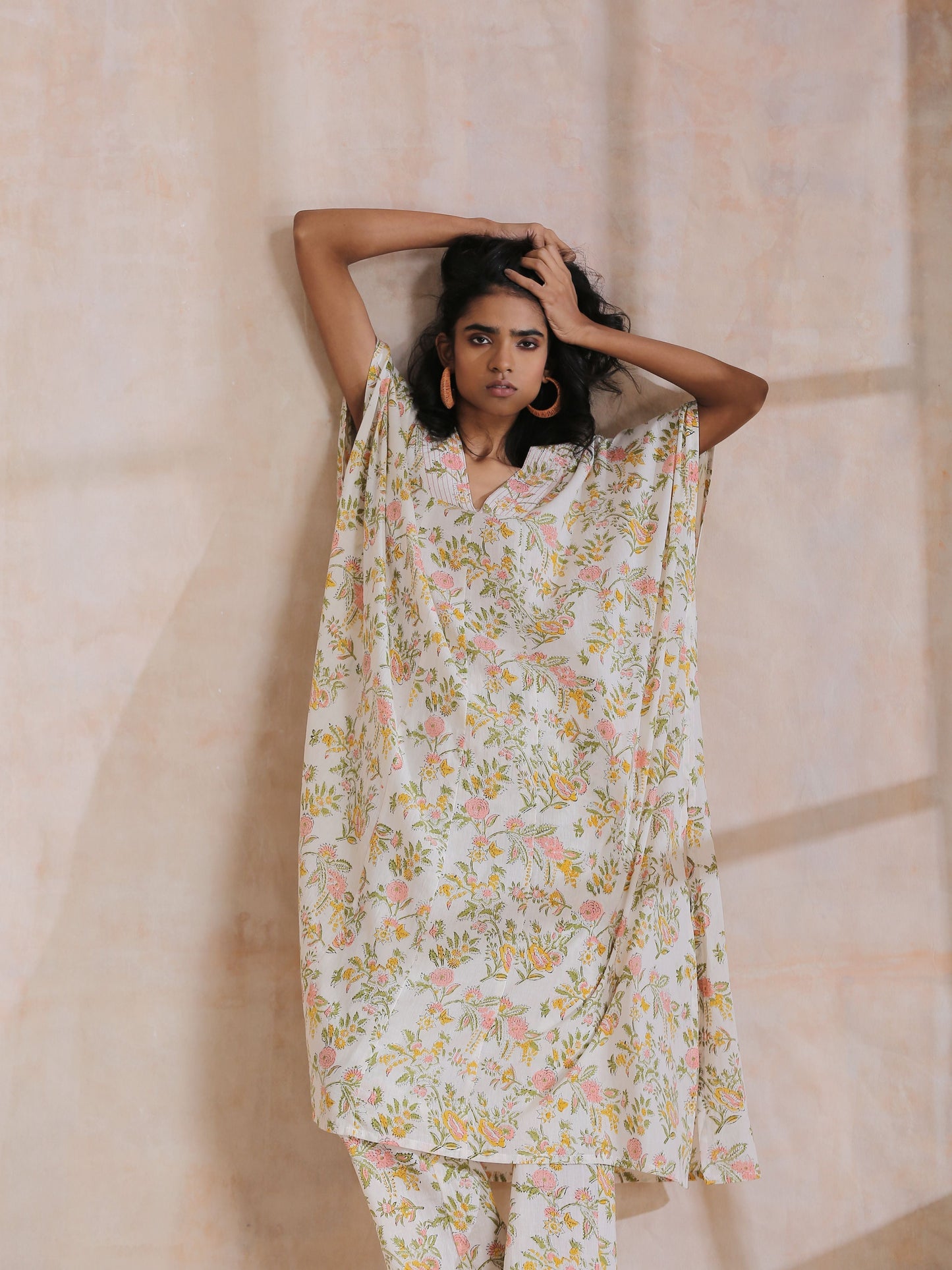 trueBrowns Pink Yellow Floral On White Block Print Cotton Panel Kaftan Kurta Pant Set | Swadesiicart