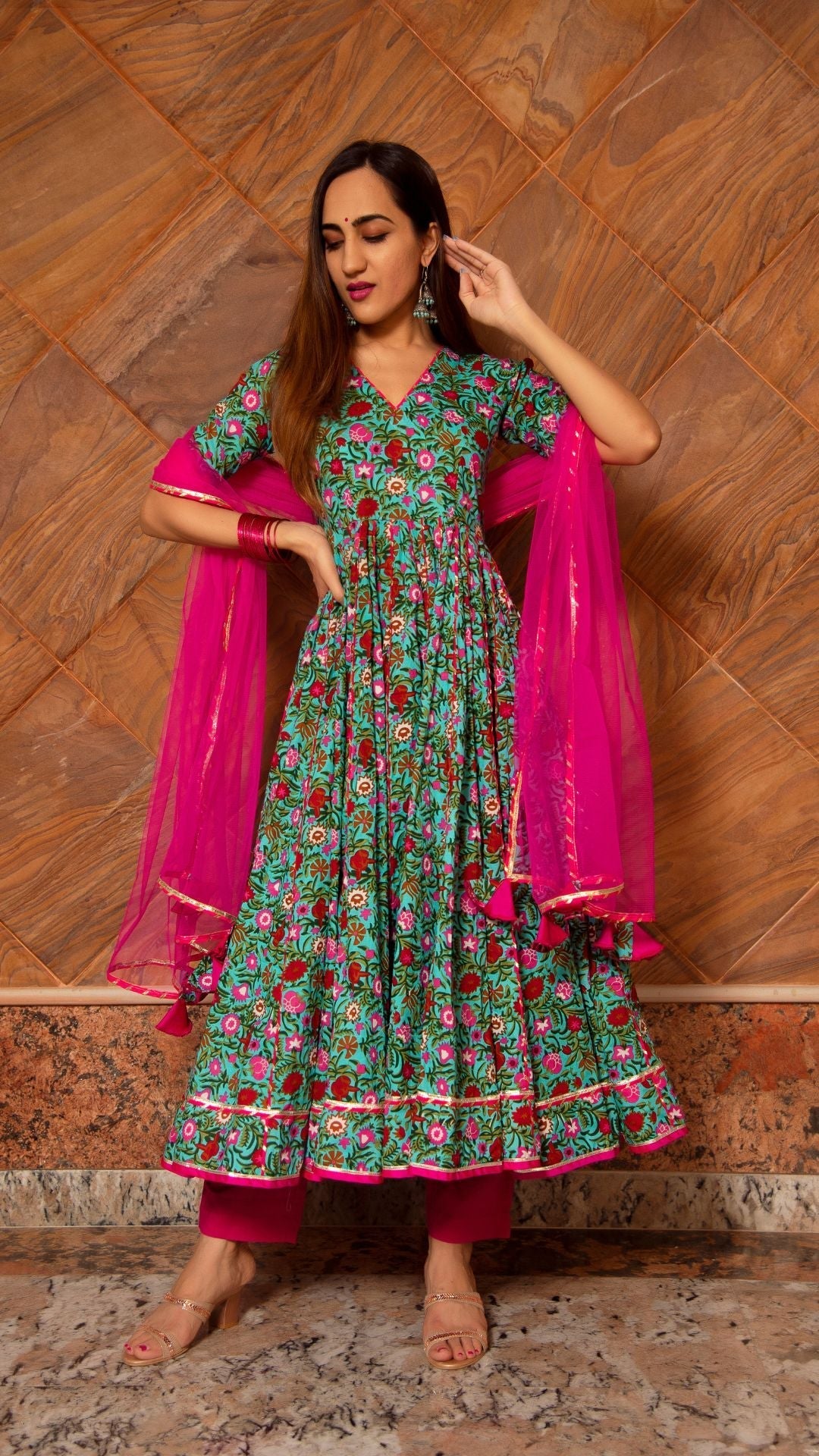Pomcha Jaipur Surangi Kalidar Cotton Anarkali Set | Swadesiicart
