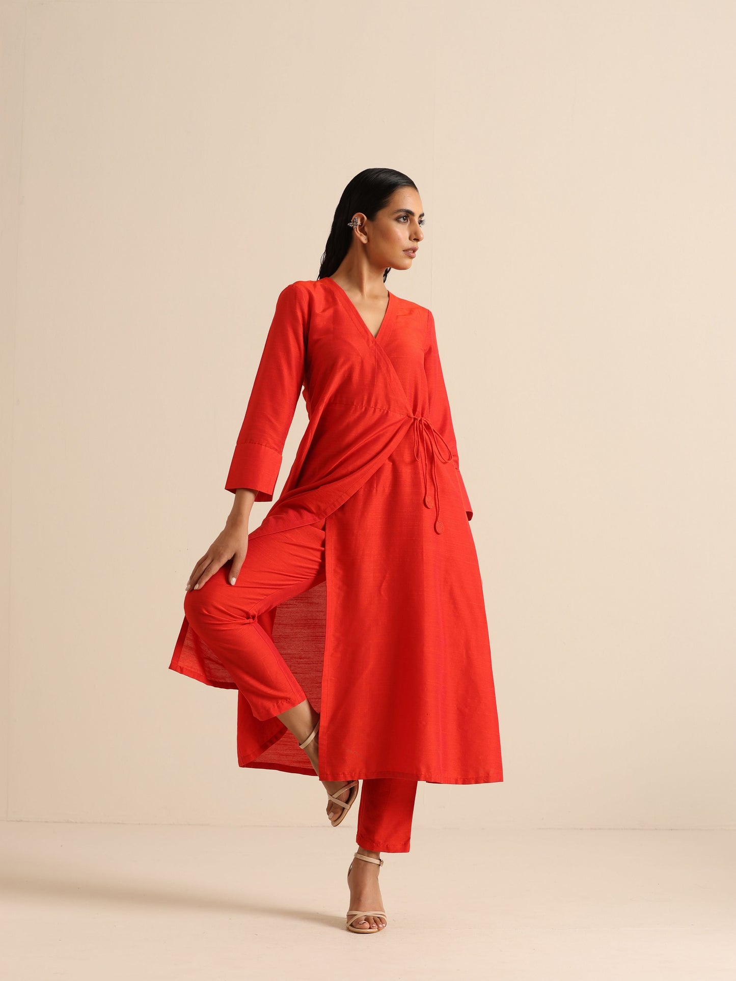 trueBrowns Orange Dupion Blend Angrakha Kurta Pant Set | Swadesiicart