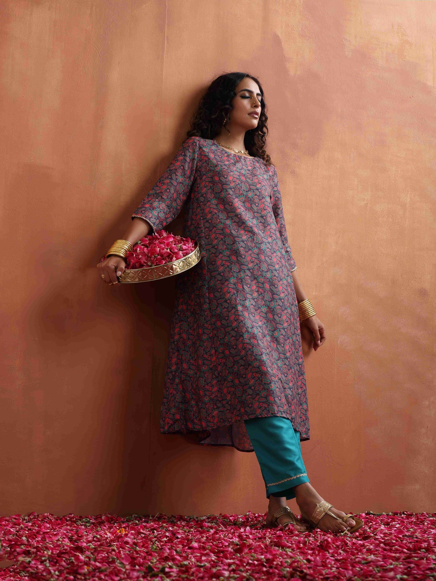 trueBrowns Purple Print A-line Kurta Set | Swadesiicart