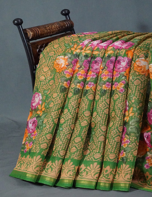 Shades of Parrot Green Colour Floral Design Semi Chanderi Saree By Gayathri Reddy Designer Studio | Swadesiicart