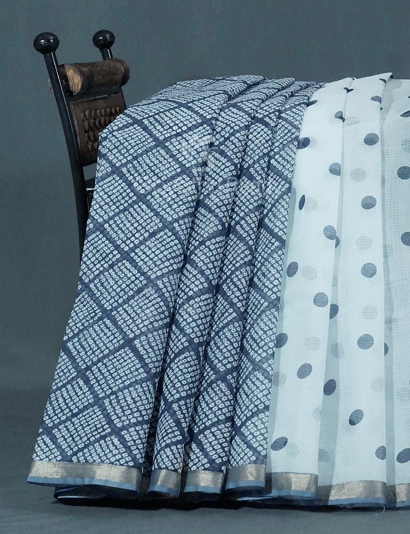 Shades of Cream And Denim Grey Colour With Patli Pallu Design Pure Kota Cotton Saree By Gayathri Reddy Designer Studio | Swadesiicart