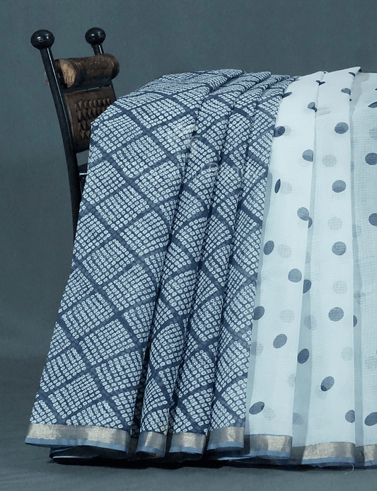 Shades of Cream And Denim Grey Colour With Patli Pallu Design Pure Kota Cotton Saree By Gayathri Reddy Designer Studio | Swadesiicart