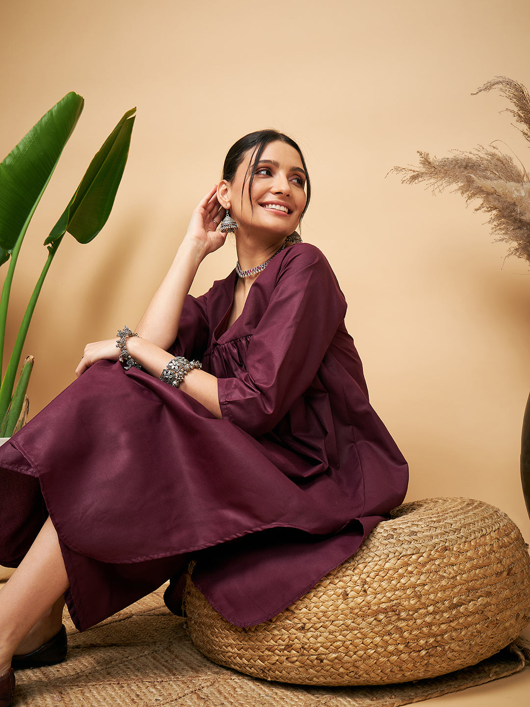 InWeave Women's Wine Solid Flared Kurta Palazzo Set - Swadesiicart