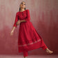trueBrowns Red Cotton Dobby Flared Kurta Set | Swadesiicart
