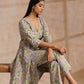trueBrowns Grey Overall Floral Block Print Cotton Angrakha Kurta Pant Set | Swadesiicart