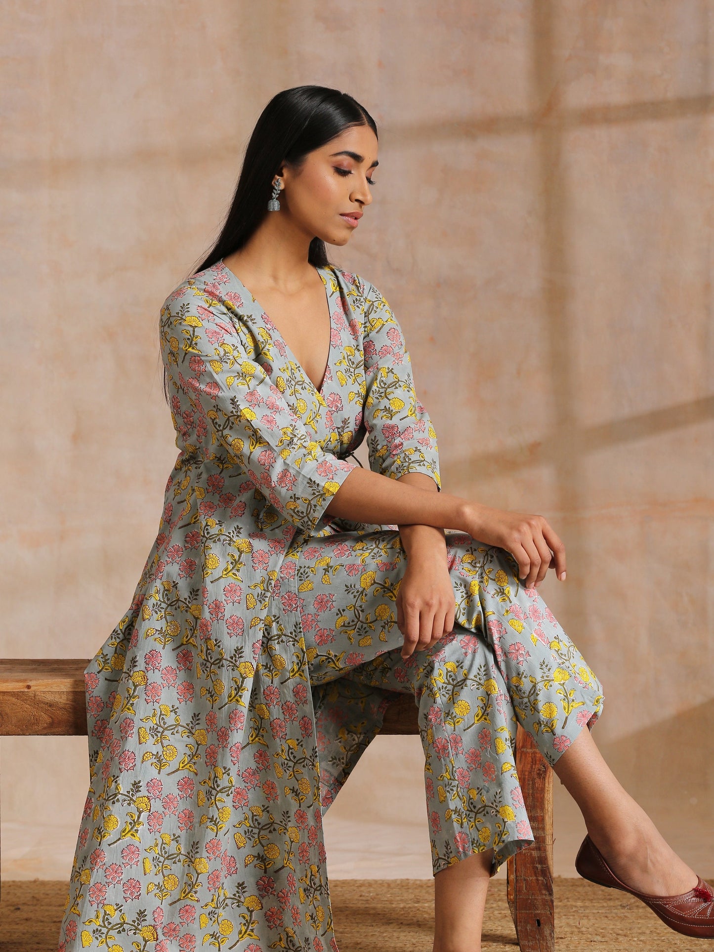 trueBrowns Grey Overall Floral Block Print Cotton Angrakha Kurta Pant Set | Swadesiicart