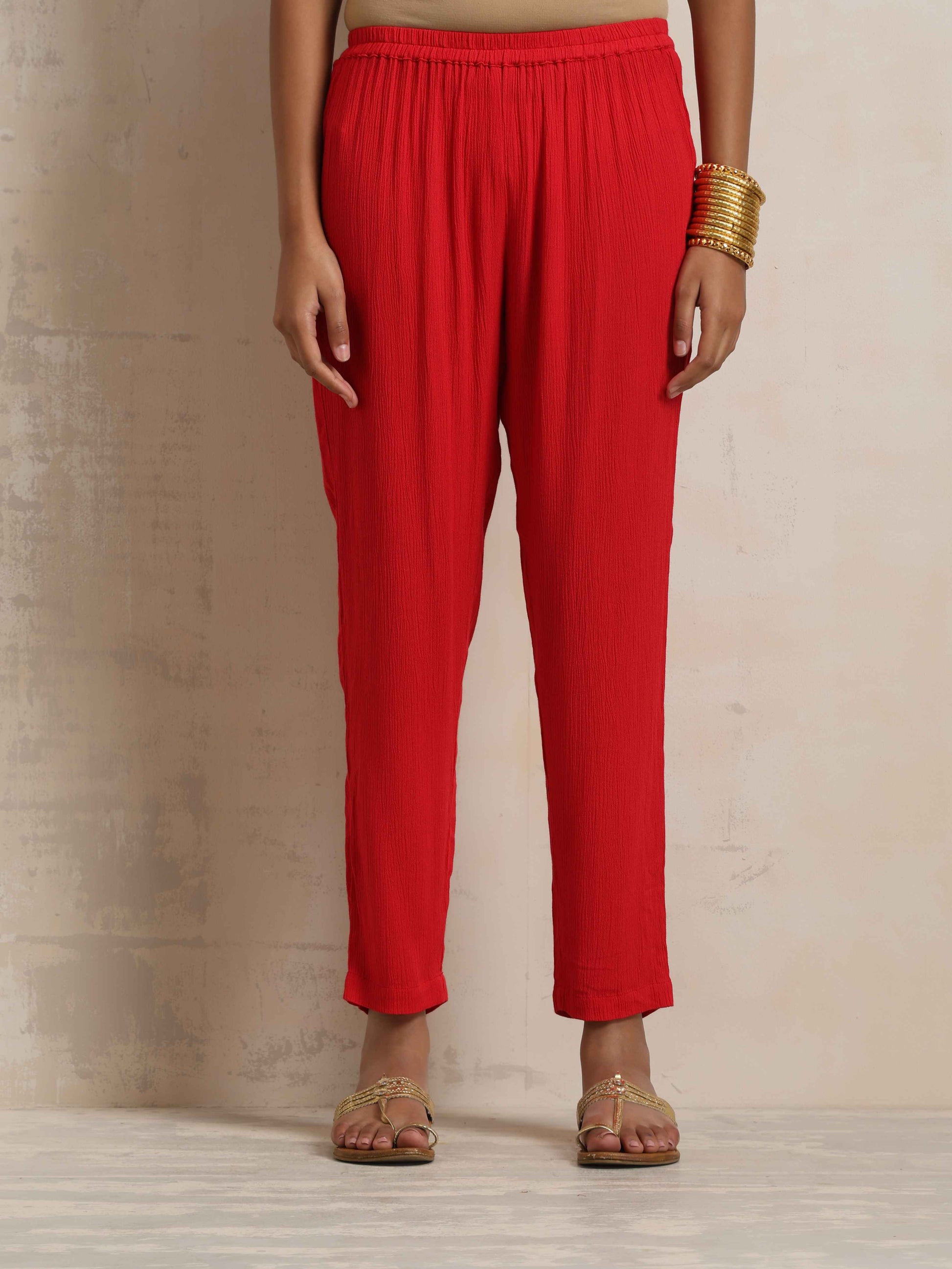 trueBrowns Red Crinkle Anarkali Kurta Pant Dupatta Set | Swadesiicart
