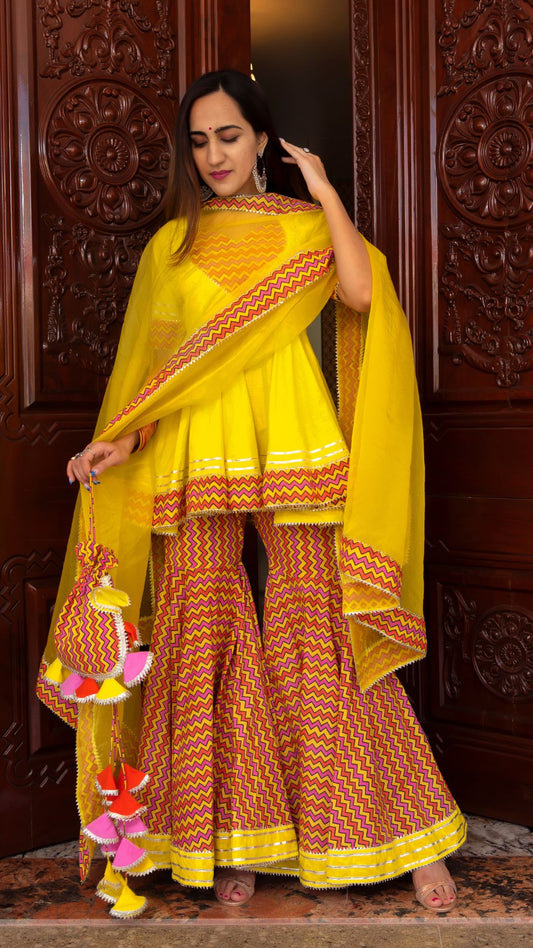Pomcha Jaipur Tuscan Yellow Cotton Sharara Set | Swadesiicart