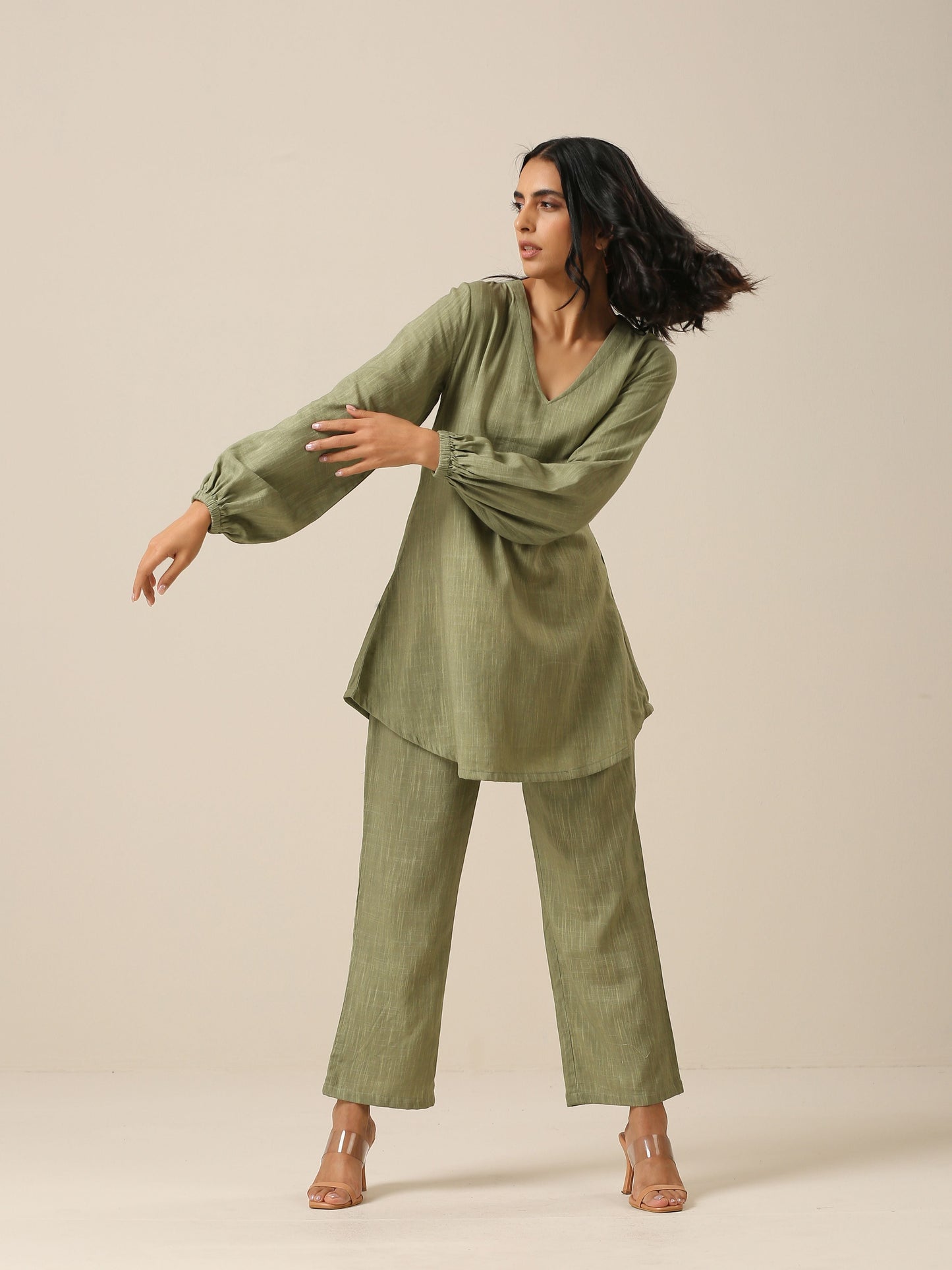 trueBrowns Sage Slub Textured Short Co-Ord Set - Swadesiicart