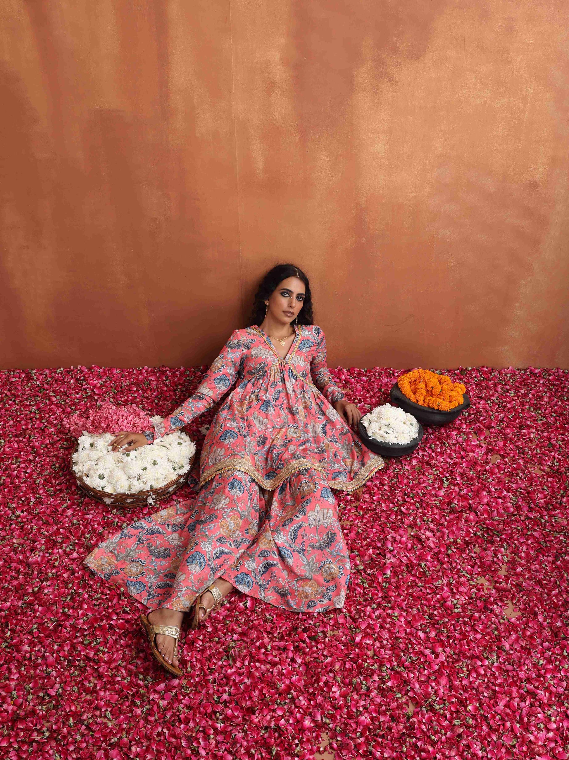 trueBrowns Orange Print Sharara Set | Swadesiicart