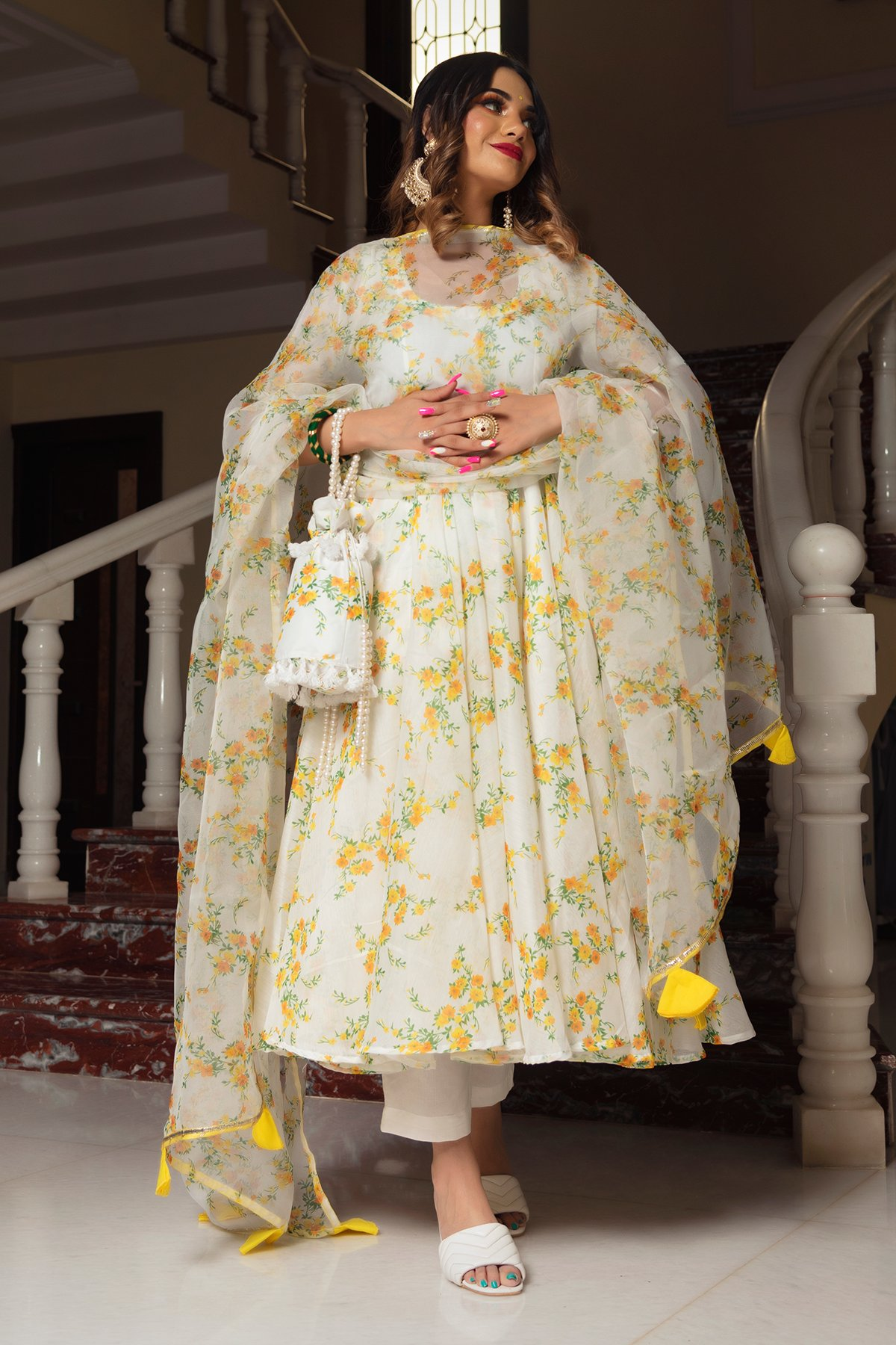 Pomcha Jaipur Yellow Phool Organza Anarkali Set | Swadesiicart