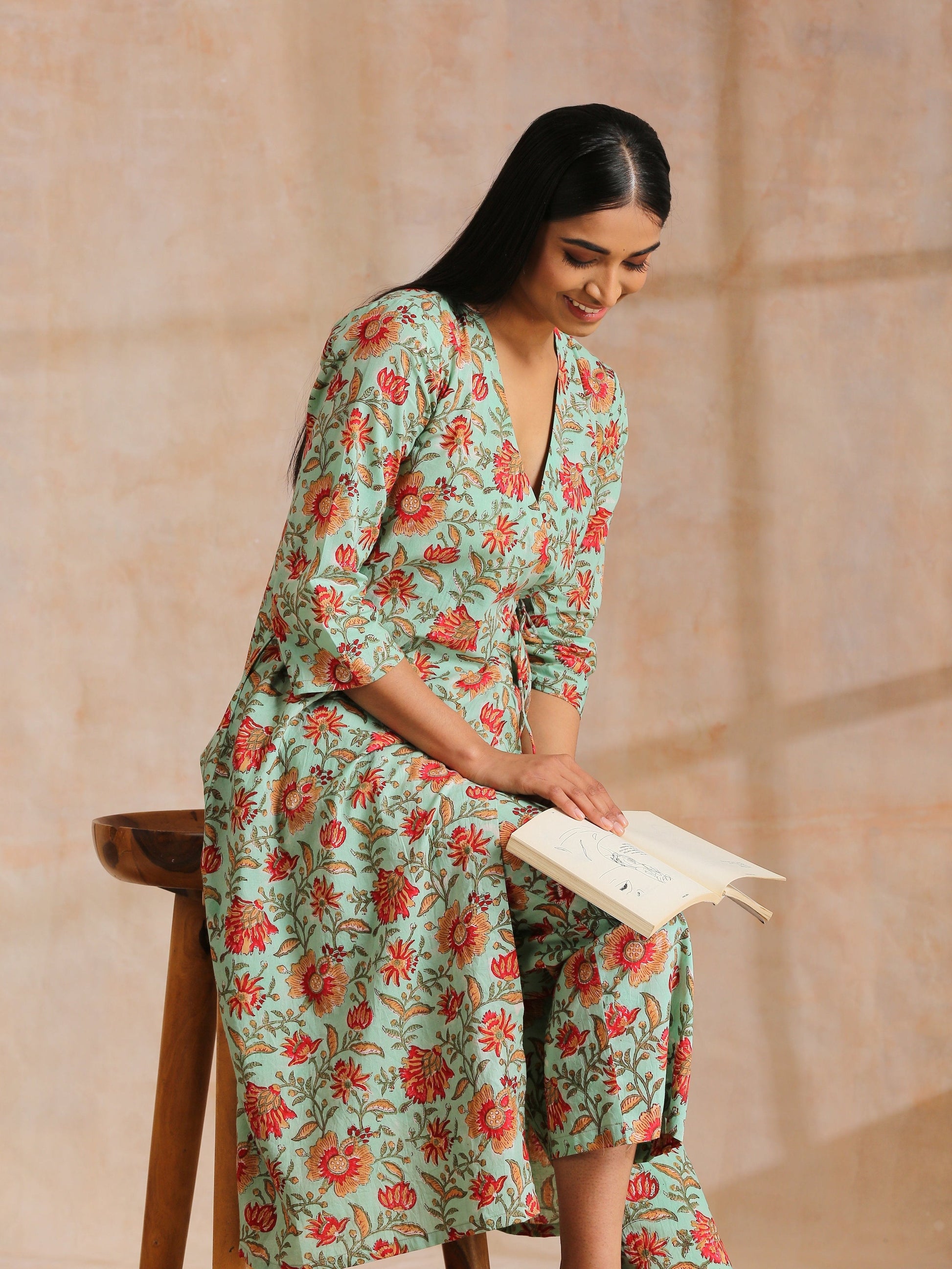 trueBrowns Seafoam Green Overall Floral Block Print Cotton Angrakha Pant Set | Swadesiicart