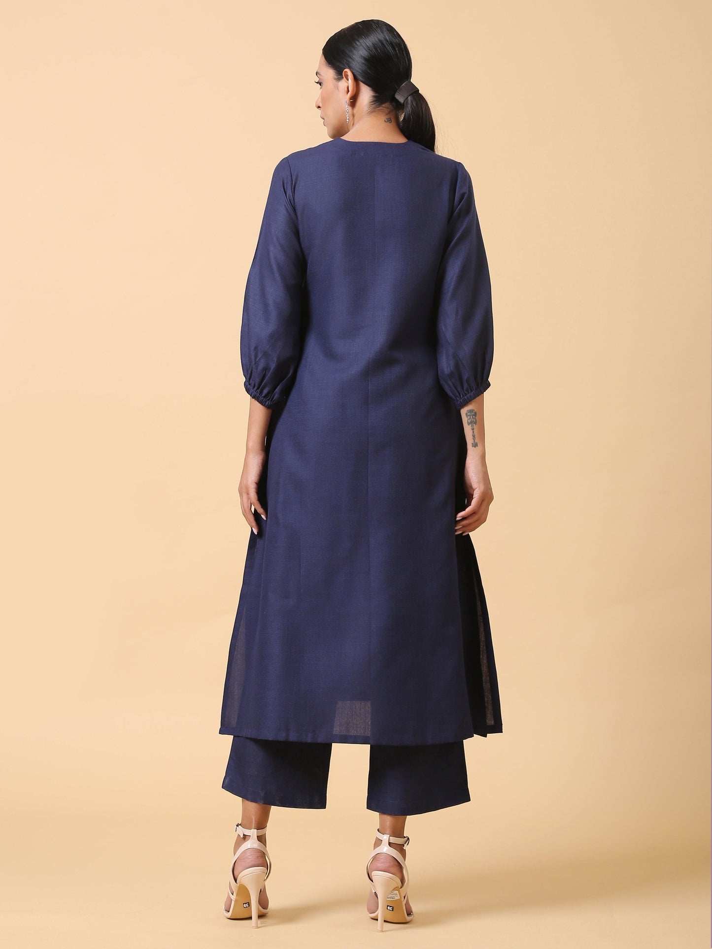 trueBrowns Cotton Linen Dark Blue Kurta Pant Set | Swadesiicart