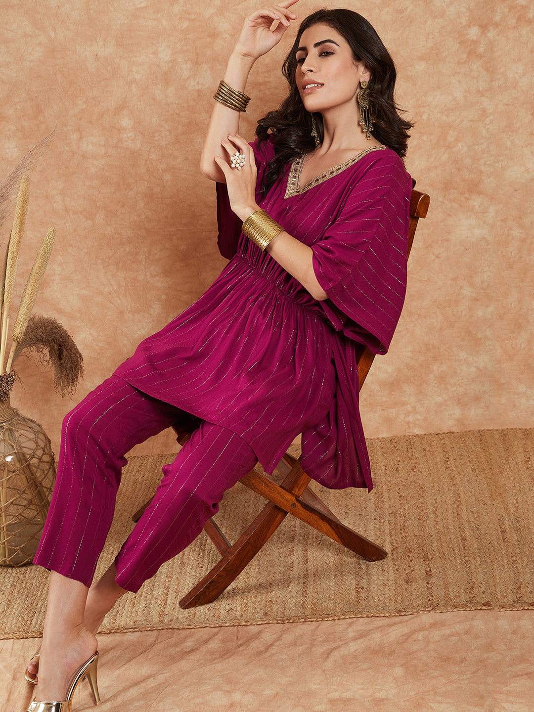 InWeave Women's Magenta Lurex V Neck Gota Kaftan Style Kurta Set - Swadesiicart