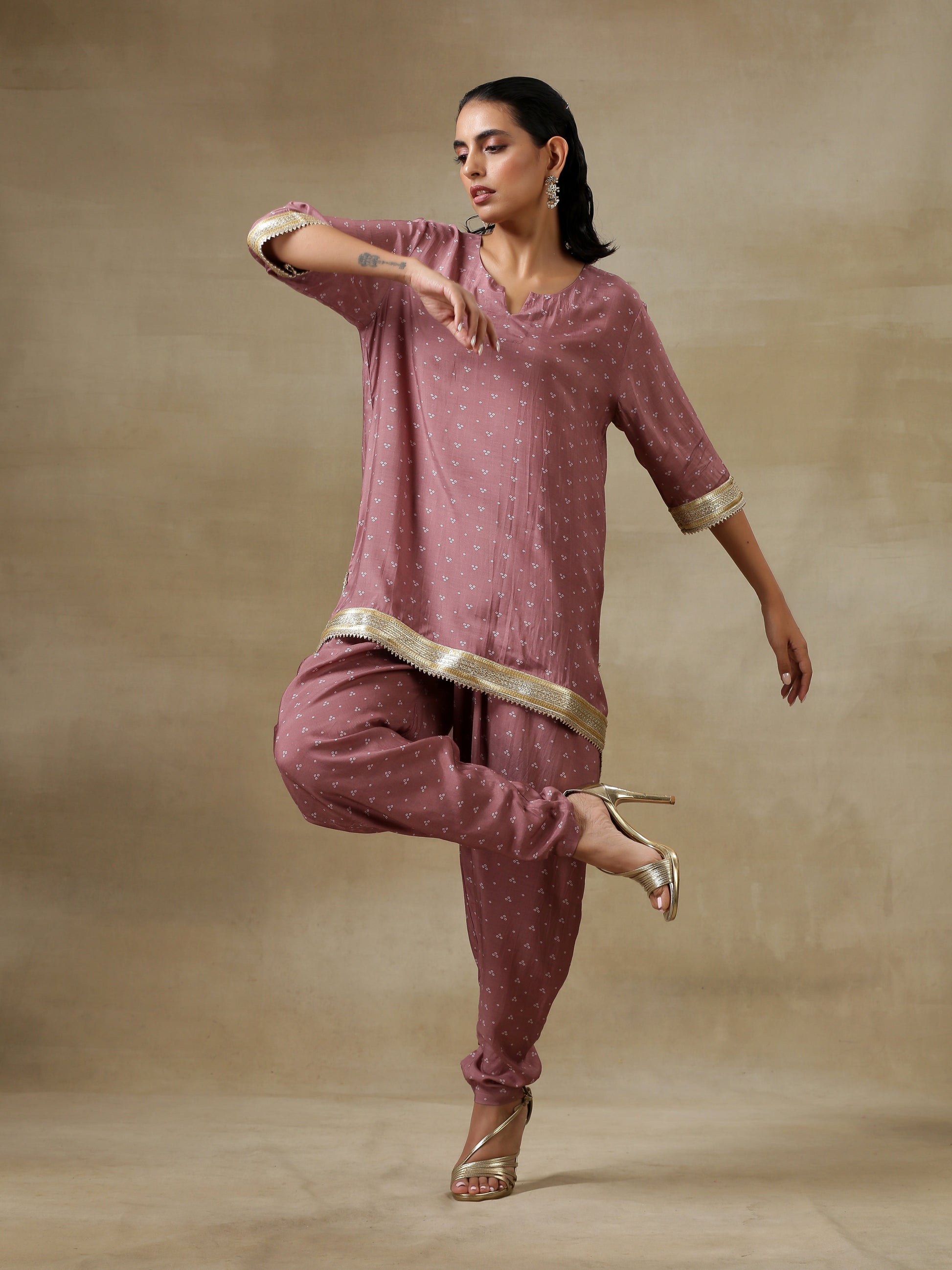 trueBrowns Dark Mauve Bandhani Printed Silk Loose Kurta Dhoti Pant Set | Swadesiicart