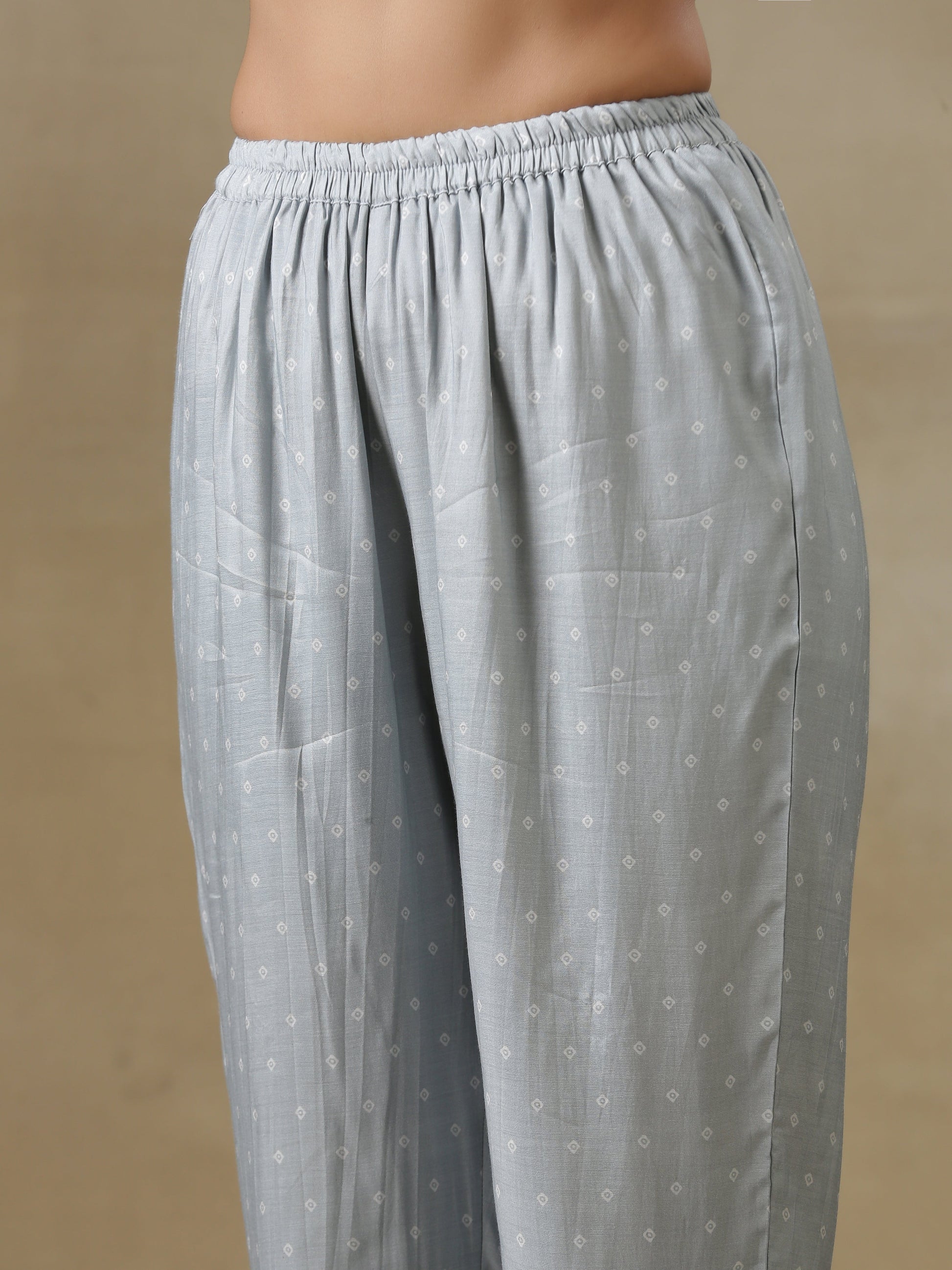 trueBrowns Grey Bandhani Printed Silk One-Shoulder Kurta Pant Set | Swadesiicart