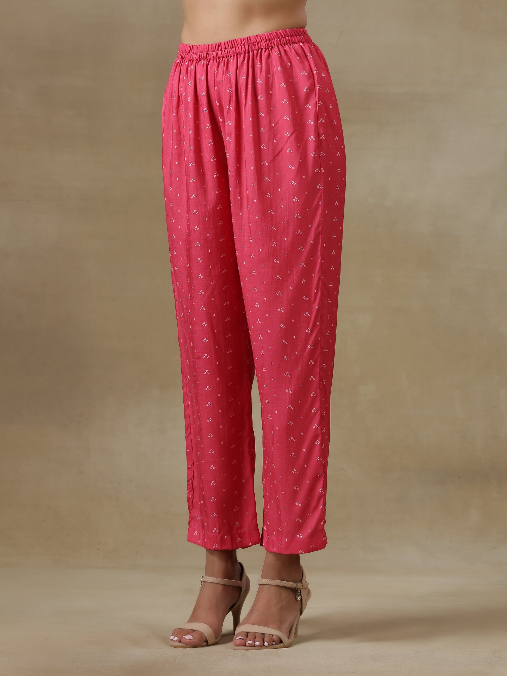 trueBrowns Pink Bandhani Printed Silk Gathered Sleeve Co-Ord Set - Swadesiicart