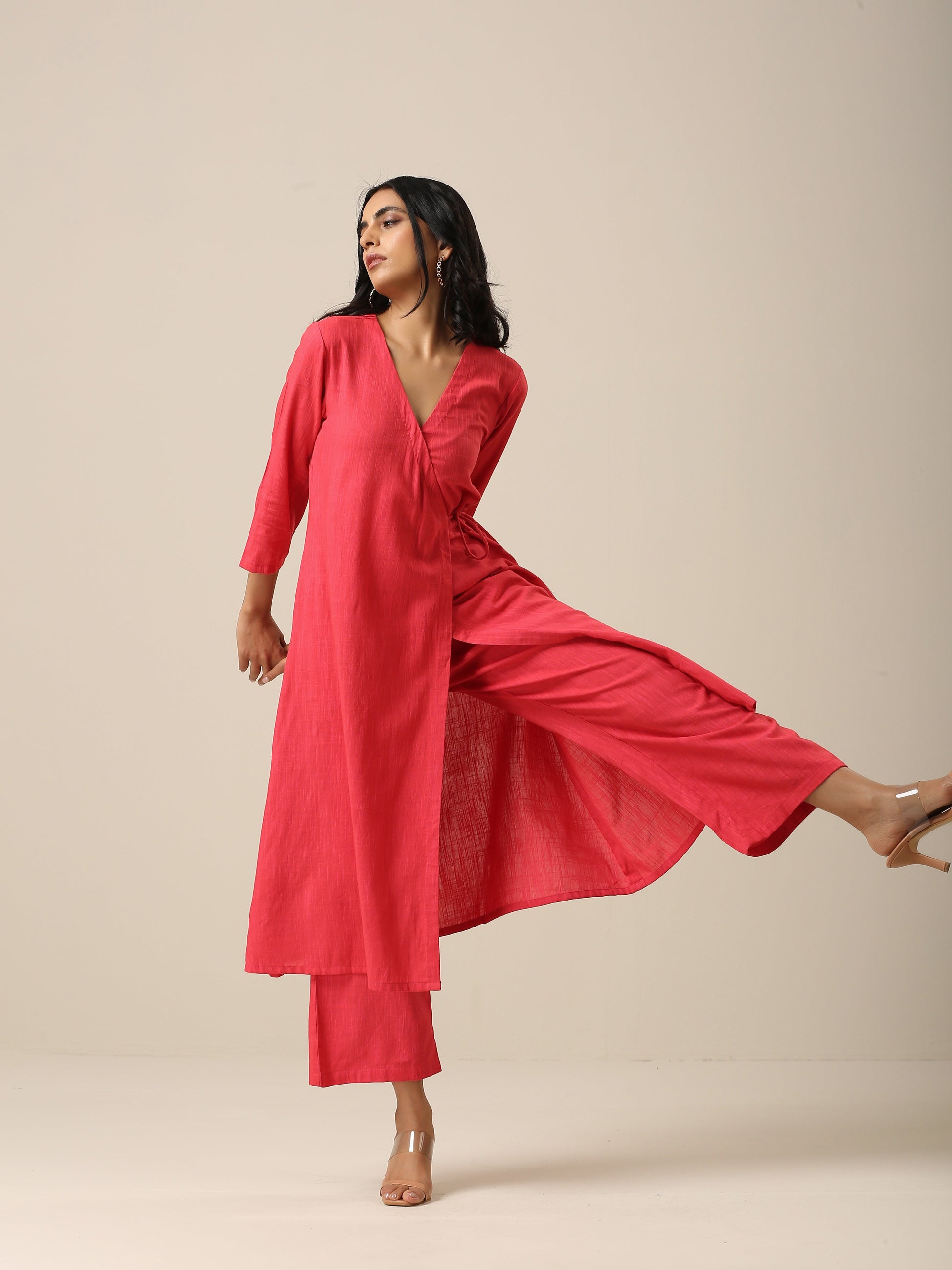 trueBrowns Bright Pink Slub Texture Angrakha Pant Set | Swadesiicart