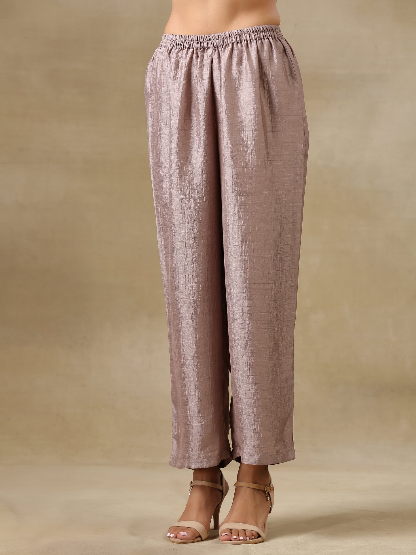 trueBrowns Grey Textured Silk Deep V-Neck Co-Ord Set - Swadesiicart
