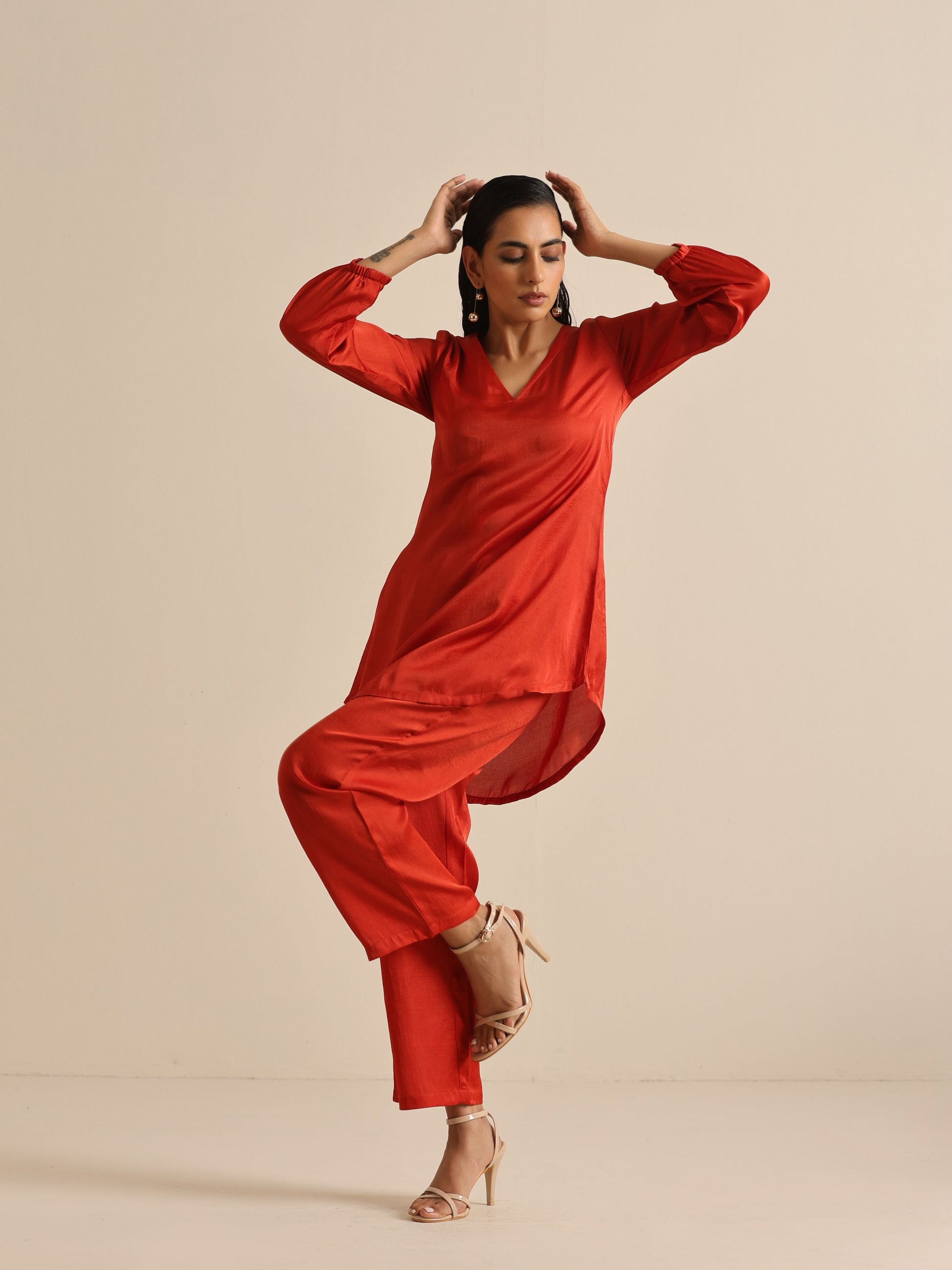trueBrowns Rust Silk Blend Short Co-Ord Set - Swadesiicart
