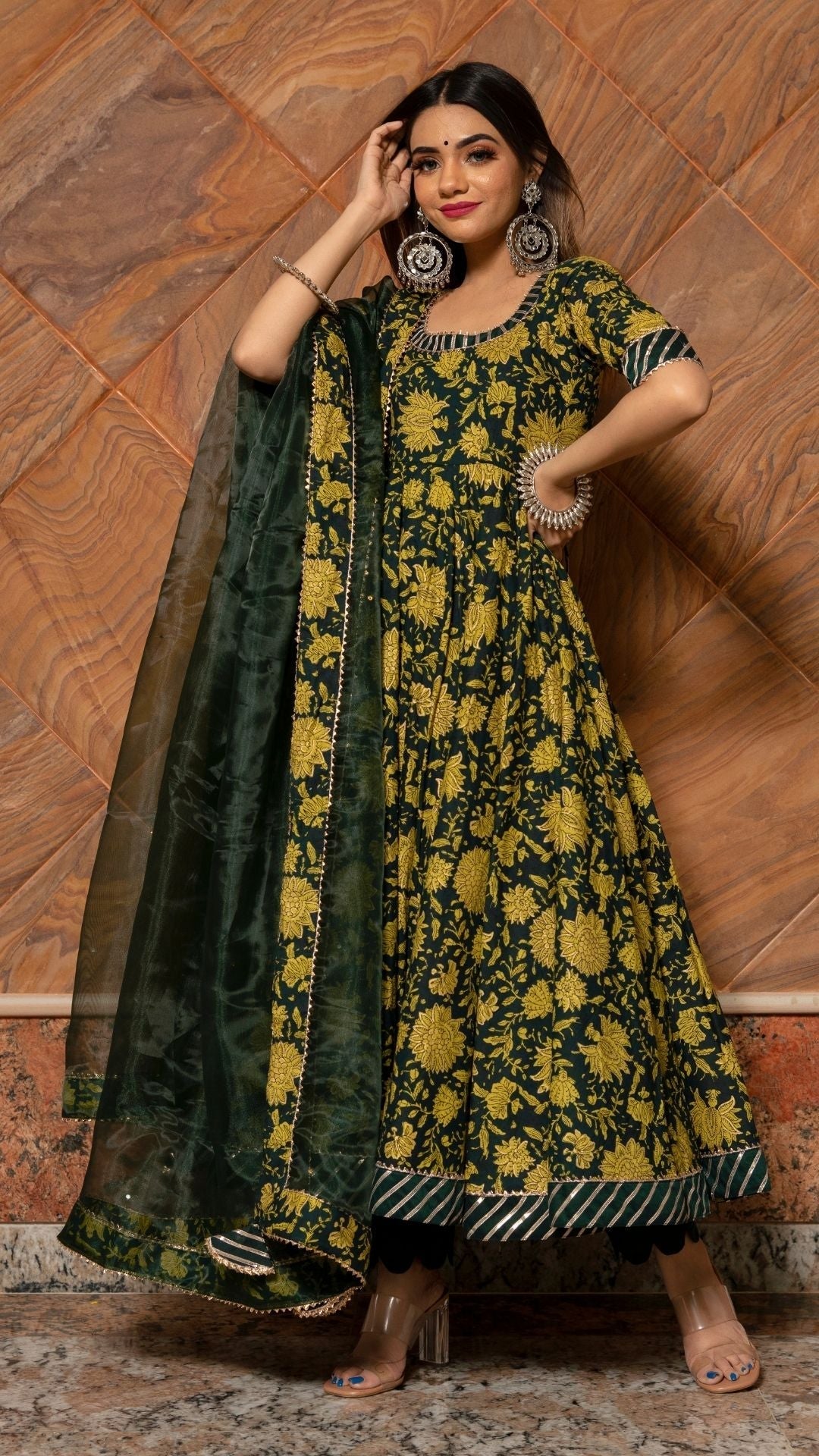 Pomcha Jaipur Idika Green Hand Block Anarkali Set | Swadesiicart