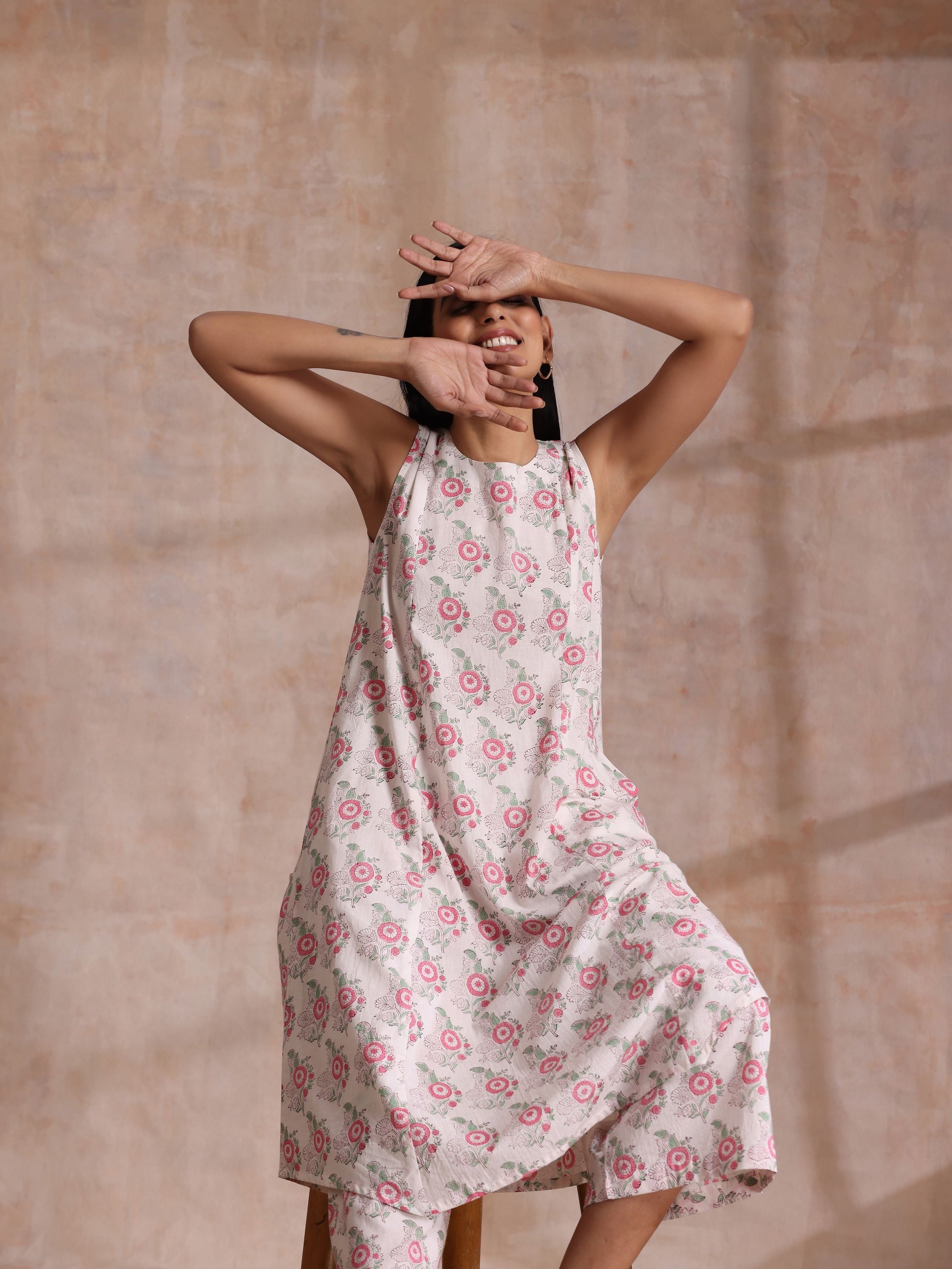 trueBrowns Pink Green Buta On White Block Print Cotton High-Low Co-Ord Set - Swadesiicart