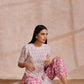 trueBrowns Pink Green Floral On White Block Print Cotton Slit Kurta Pant Set | Relove | Swadesiicart