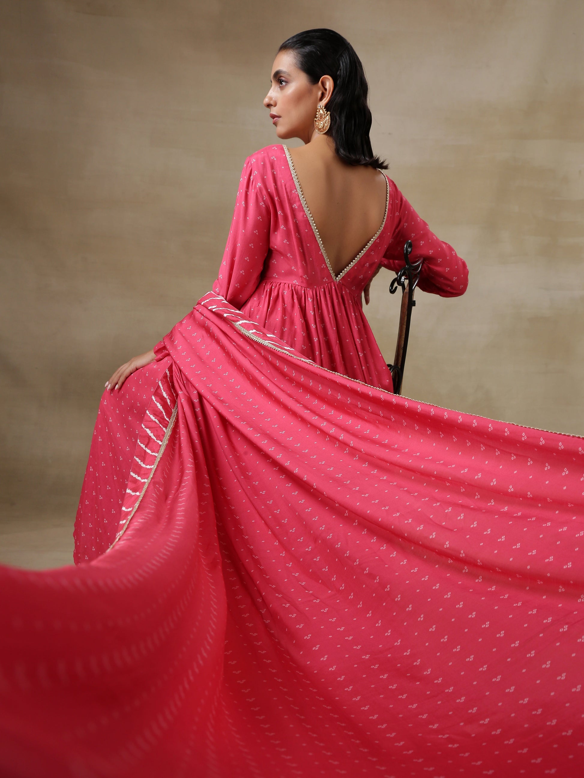 trueBrowns Pink Bandhani Printed Silk Anarkali Kurta Pant Dupatta Set | Swadesiicart