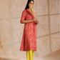trueBrowns Flamingo Pink Overall Floral Block Print Cotton Slit Kurta Pant Set | Swadesiicart