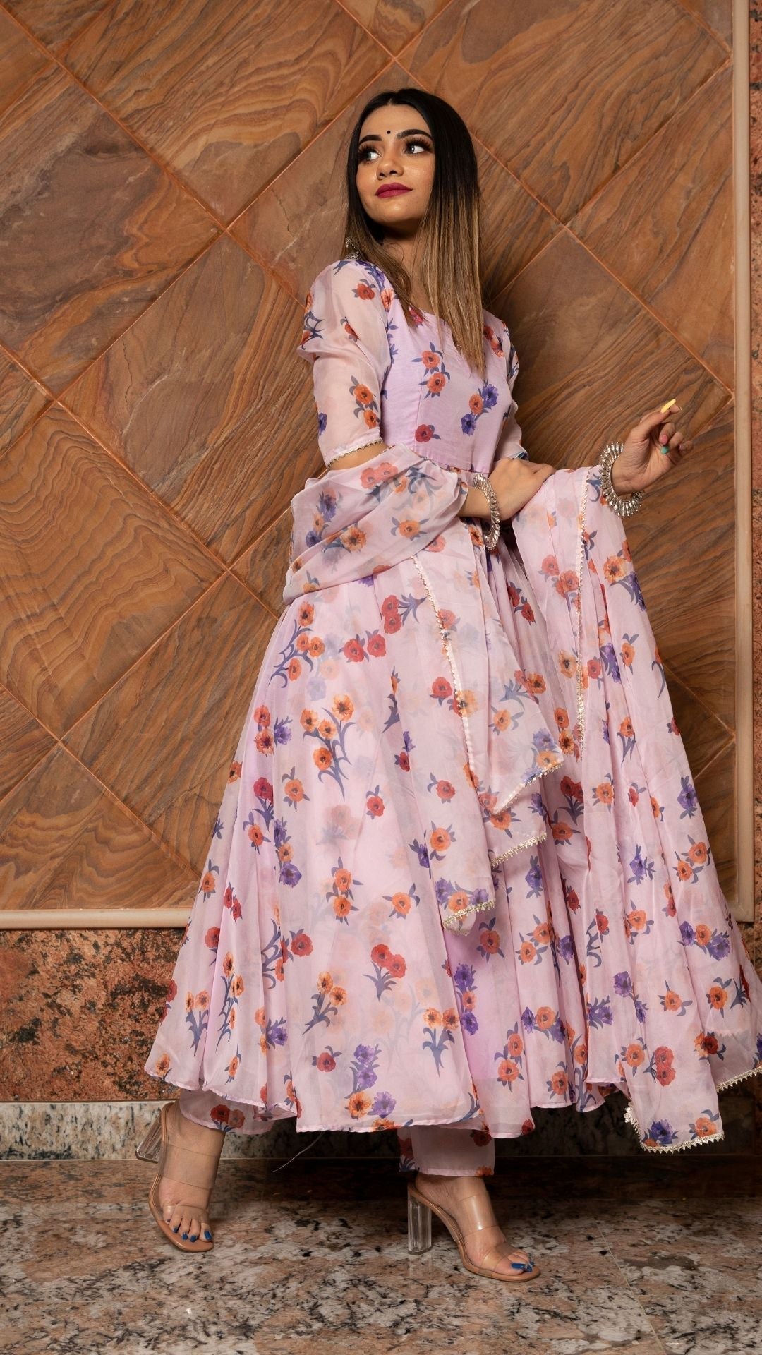 Pomcha Jaipur Lavender Gangaur Printed Organza Anarkali | Swadesiicart