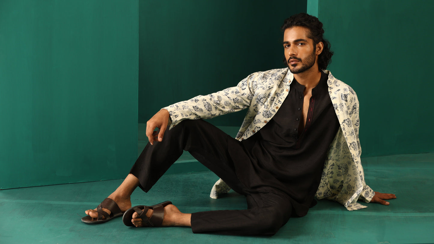 trueBrowns Men's Black Silk Co-ord Set Stitch Detail - Swadesiicart
