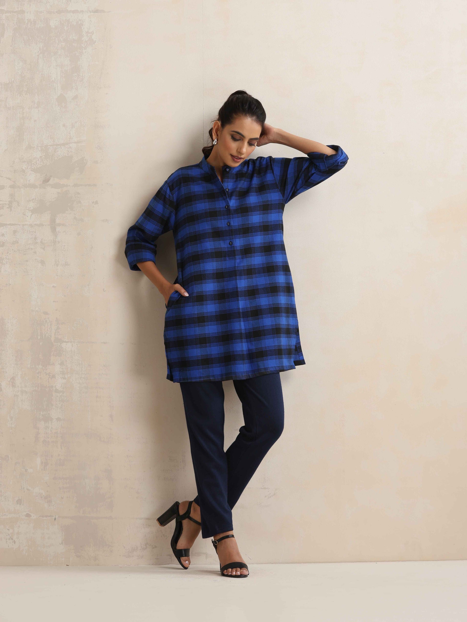 trueBrowns Blue Check Winter Top | Swadesiicart