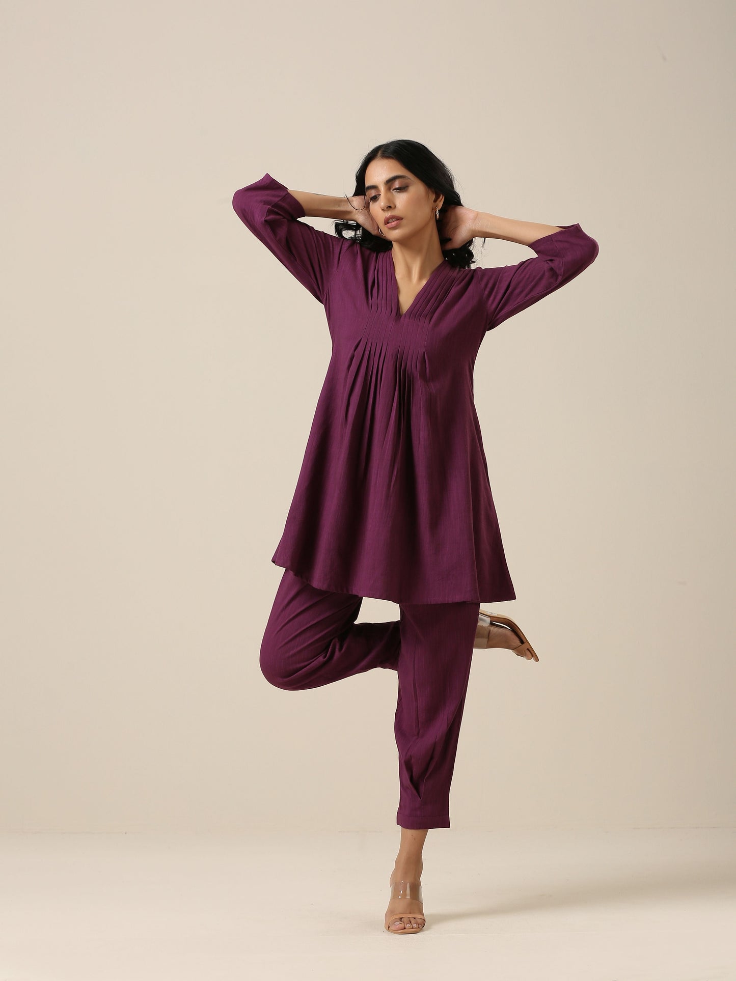 trueBrowns Plum Purple Slub Texture Pleated Co-Ord Set - Swadesiicart