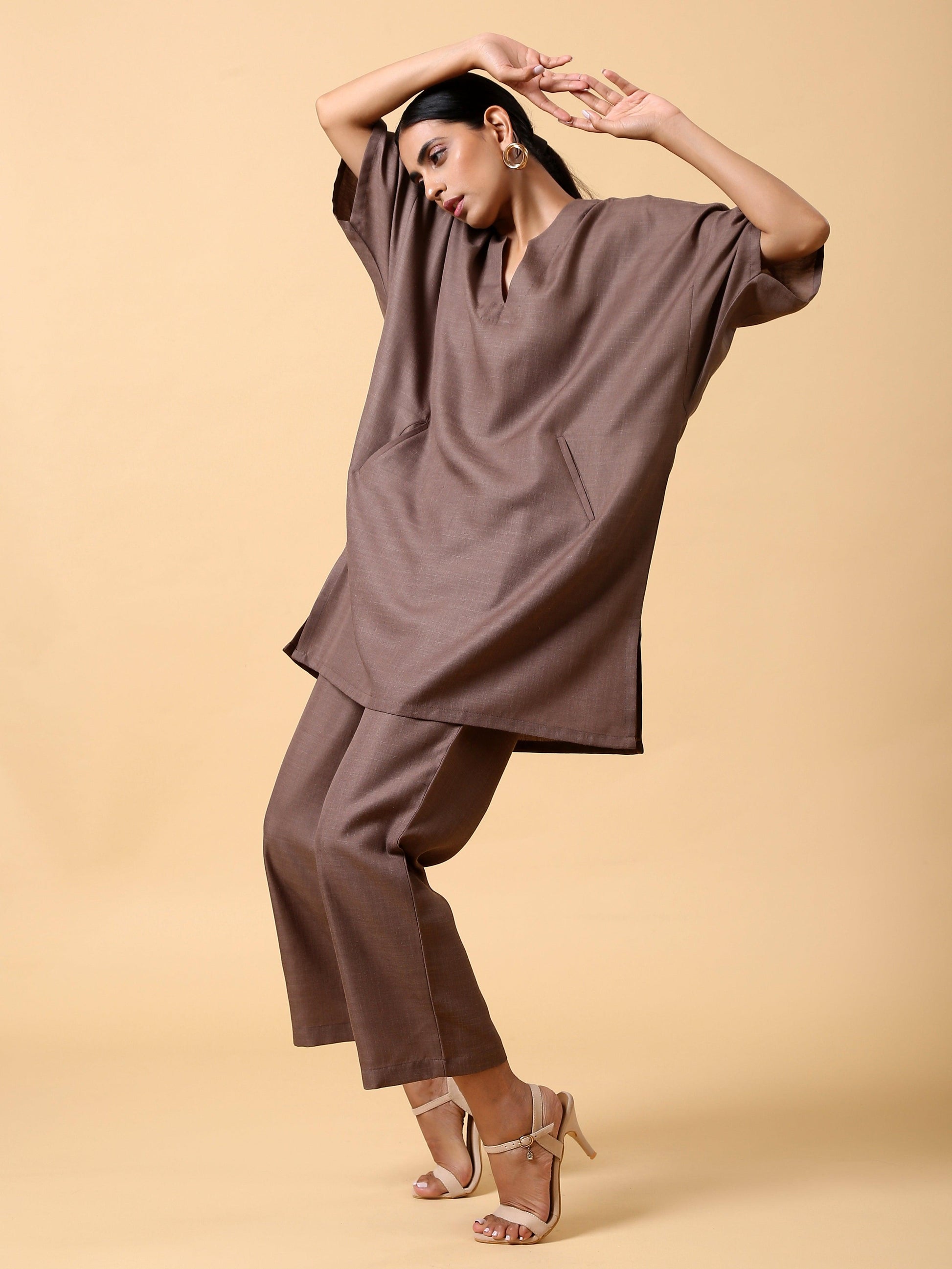 trueBrowns Cotton Linen Burnt Brown Boxy Fit Co-Ord Set - Swadesiicart