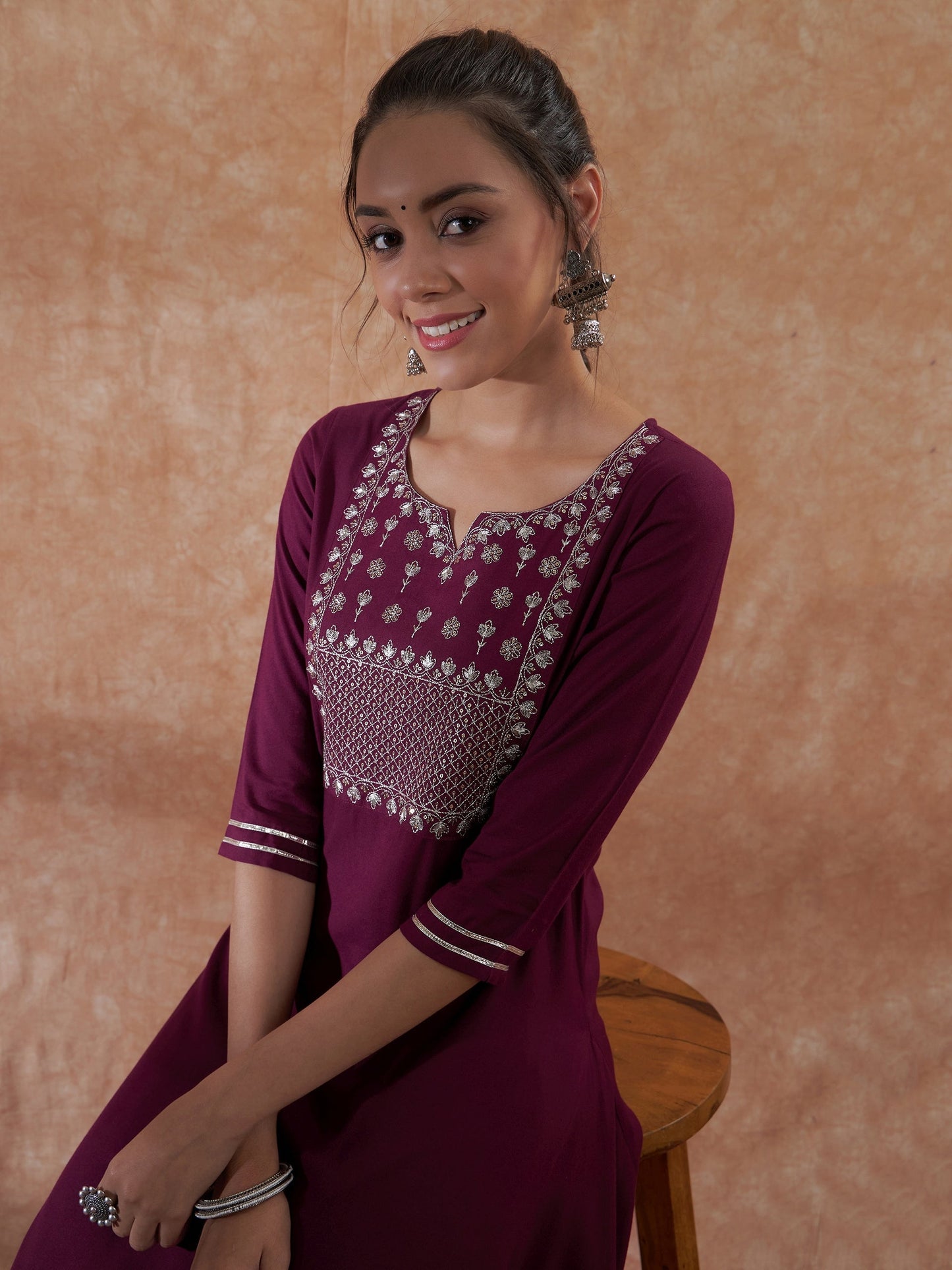 InWeave Women's Burgundy Emb Assymetrical Kurta Pant Set - Swadesiicart