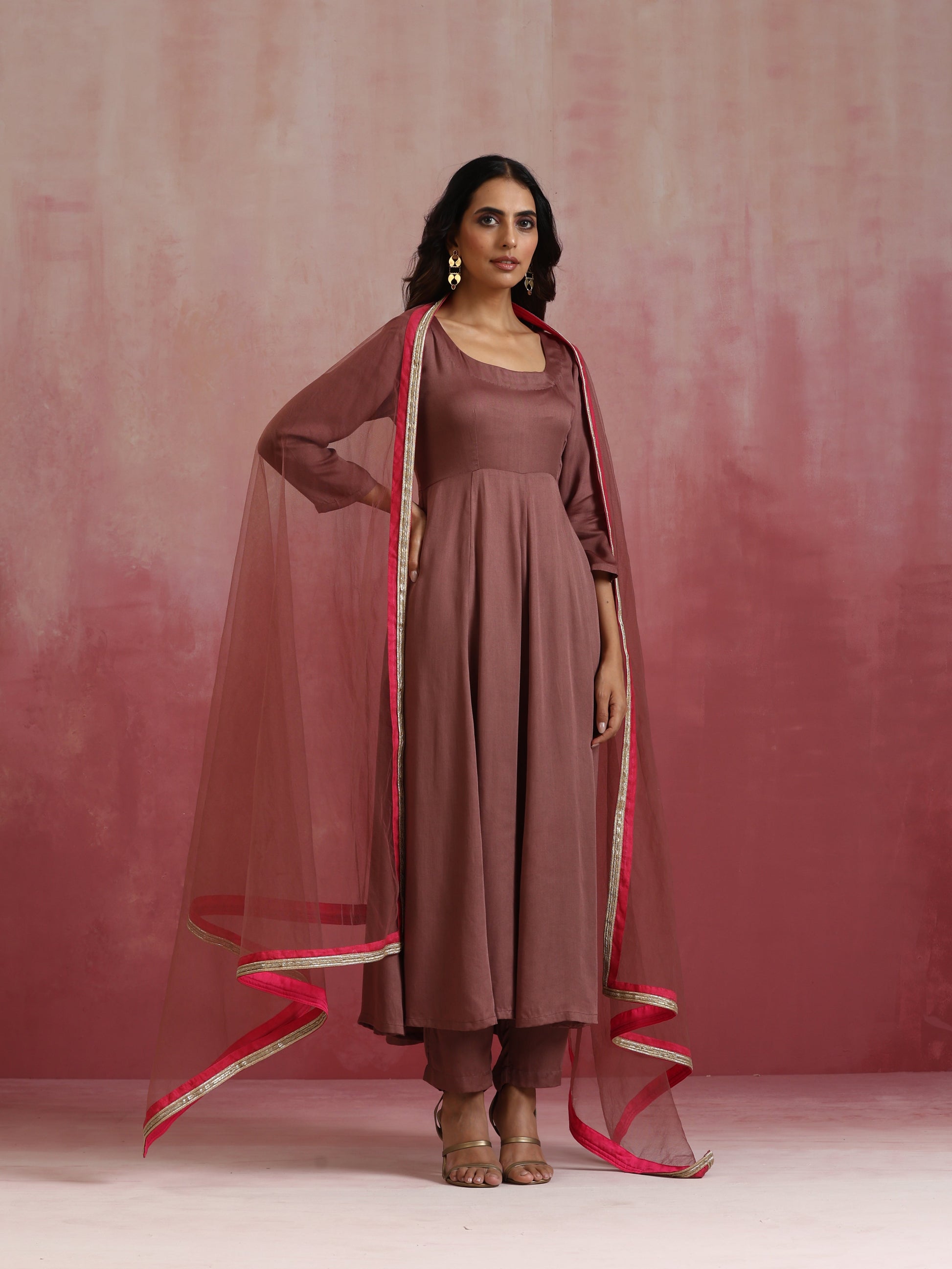 trueBrowns Brown Modal Anarkali Kurta Set | Swadesiicart
