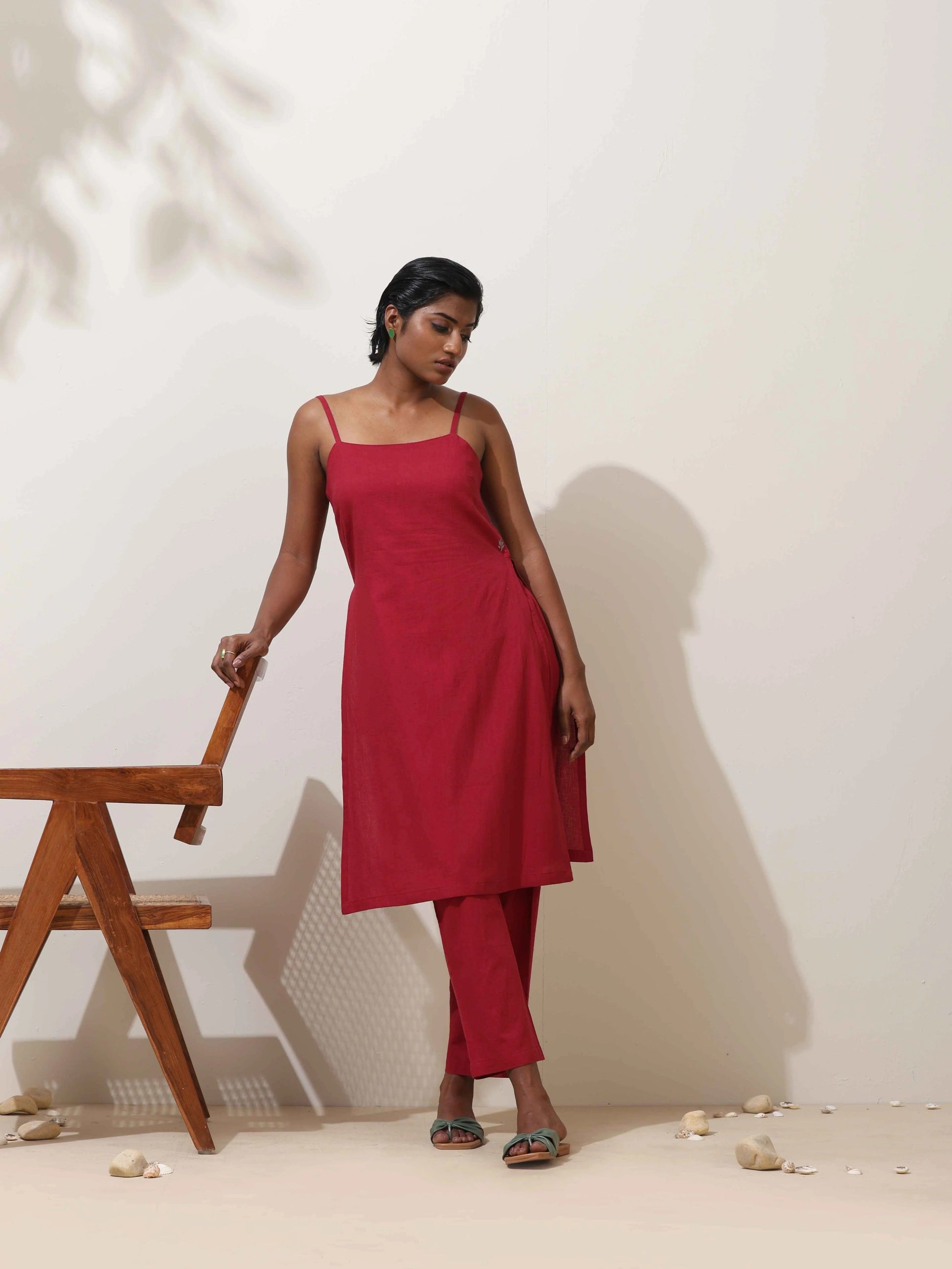 trueBrowns Maroon Cotton Linen Kurta Co-Ord Set - Swadesiicart