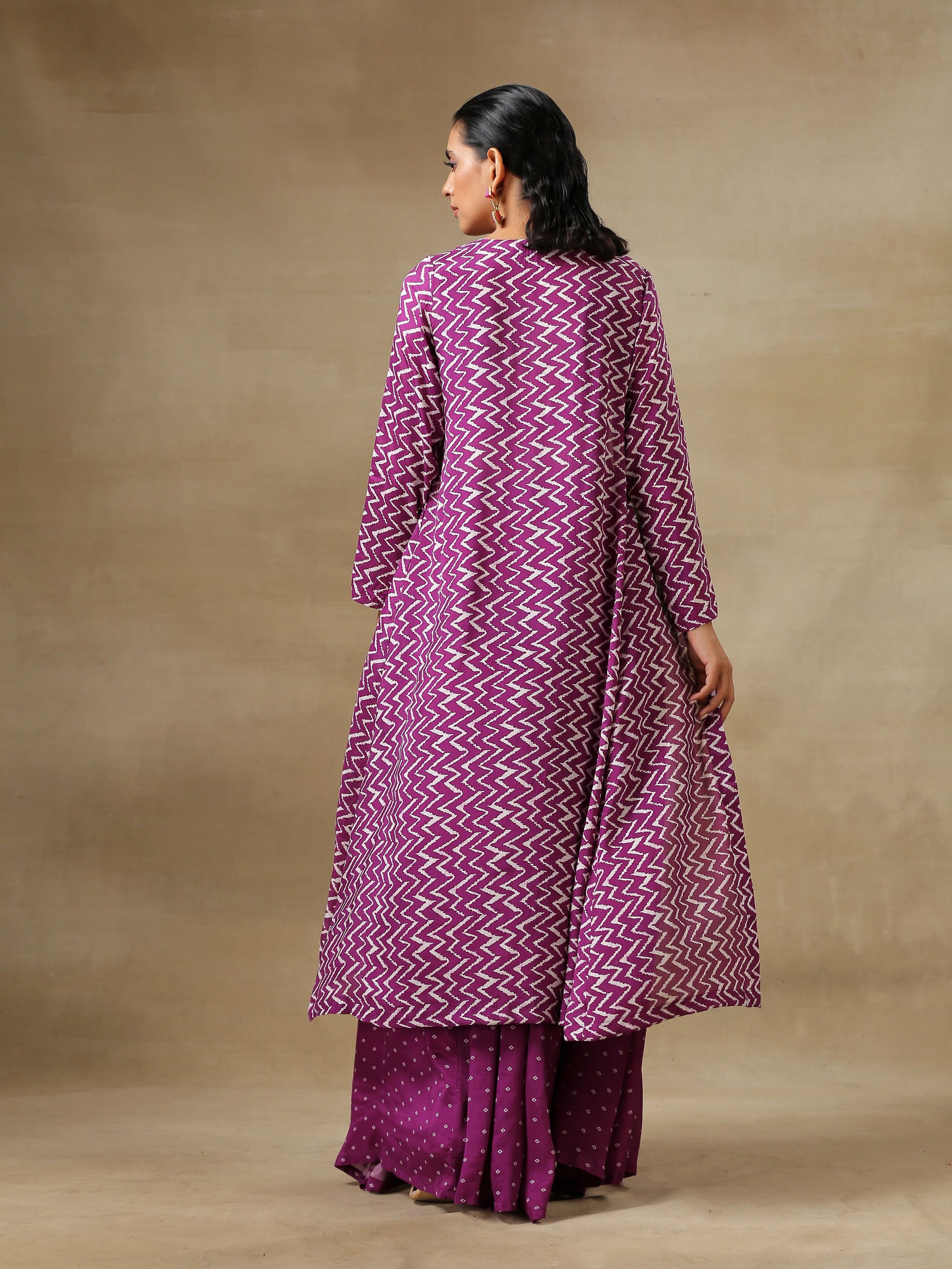 trueBrowns Purple Bandhani Printed Silk Top Skirt Jacket Set | Swadesiicart