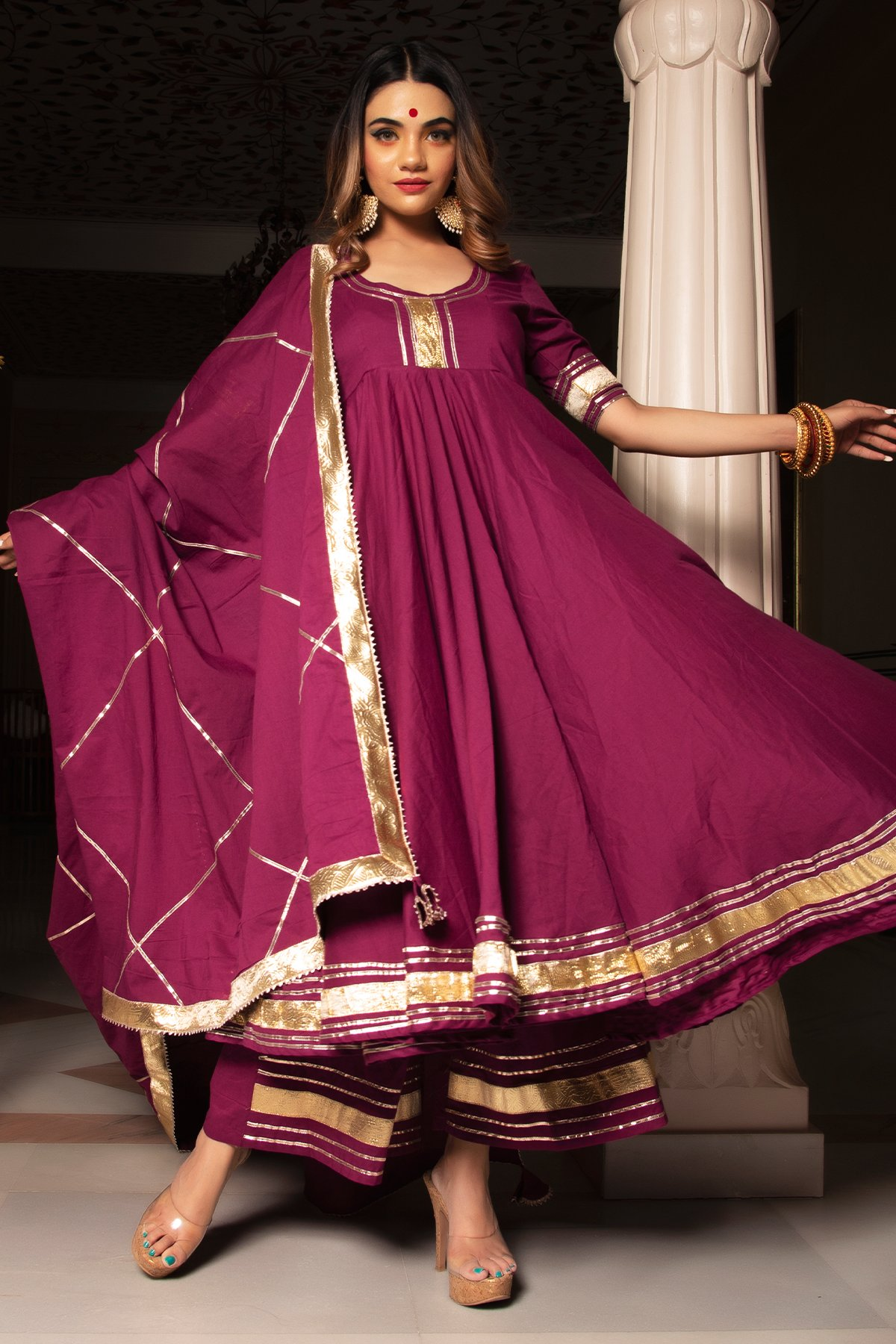 Pomcha Jaipur Burgundy Pure Cotton Anarkali Set | Swadesiicart
