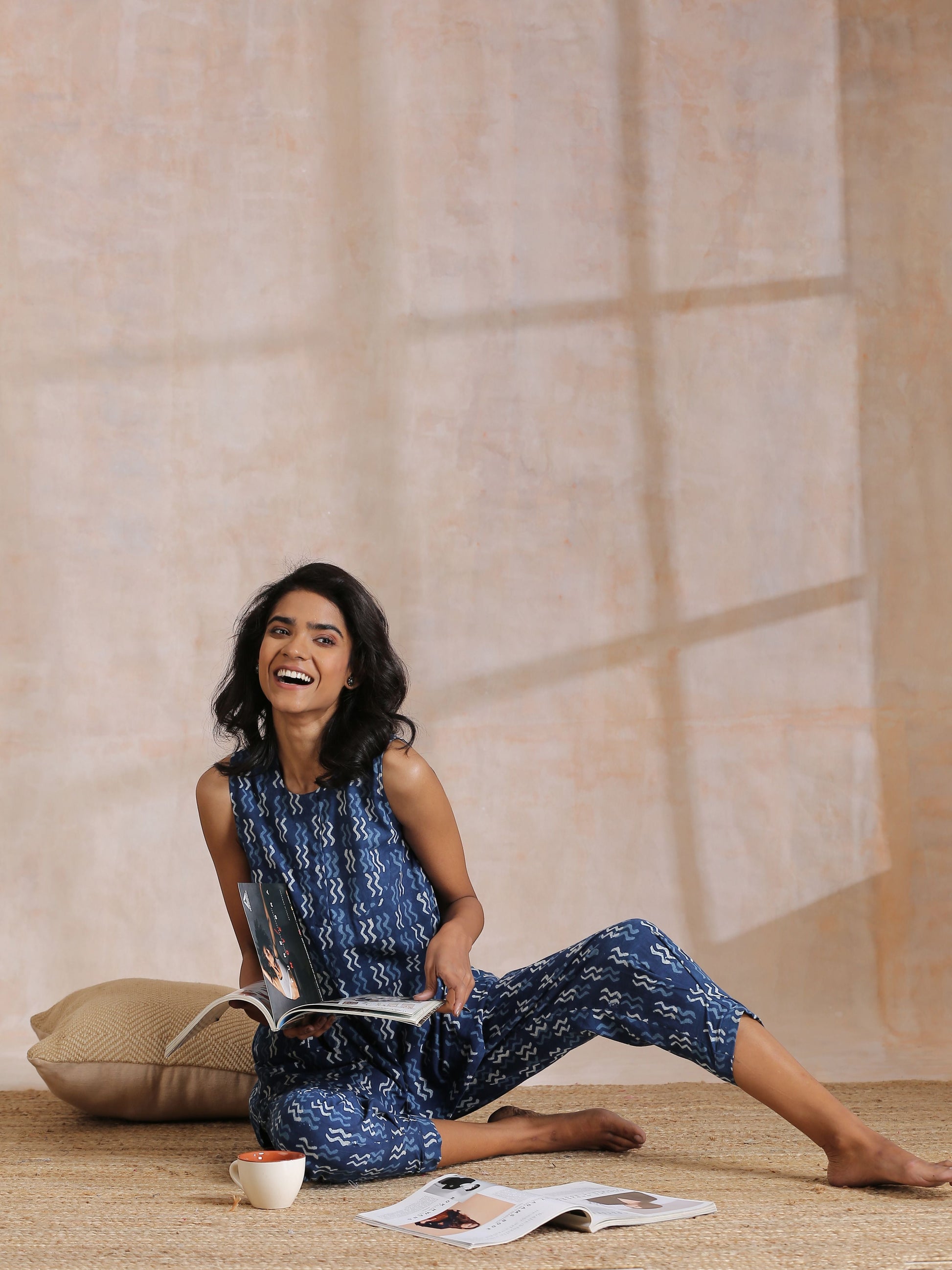 trueBrowns Indigo Dabu Zig-Zag Motifs Print Cotton Sleeveless Co-Ord Set - Swadesiicart