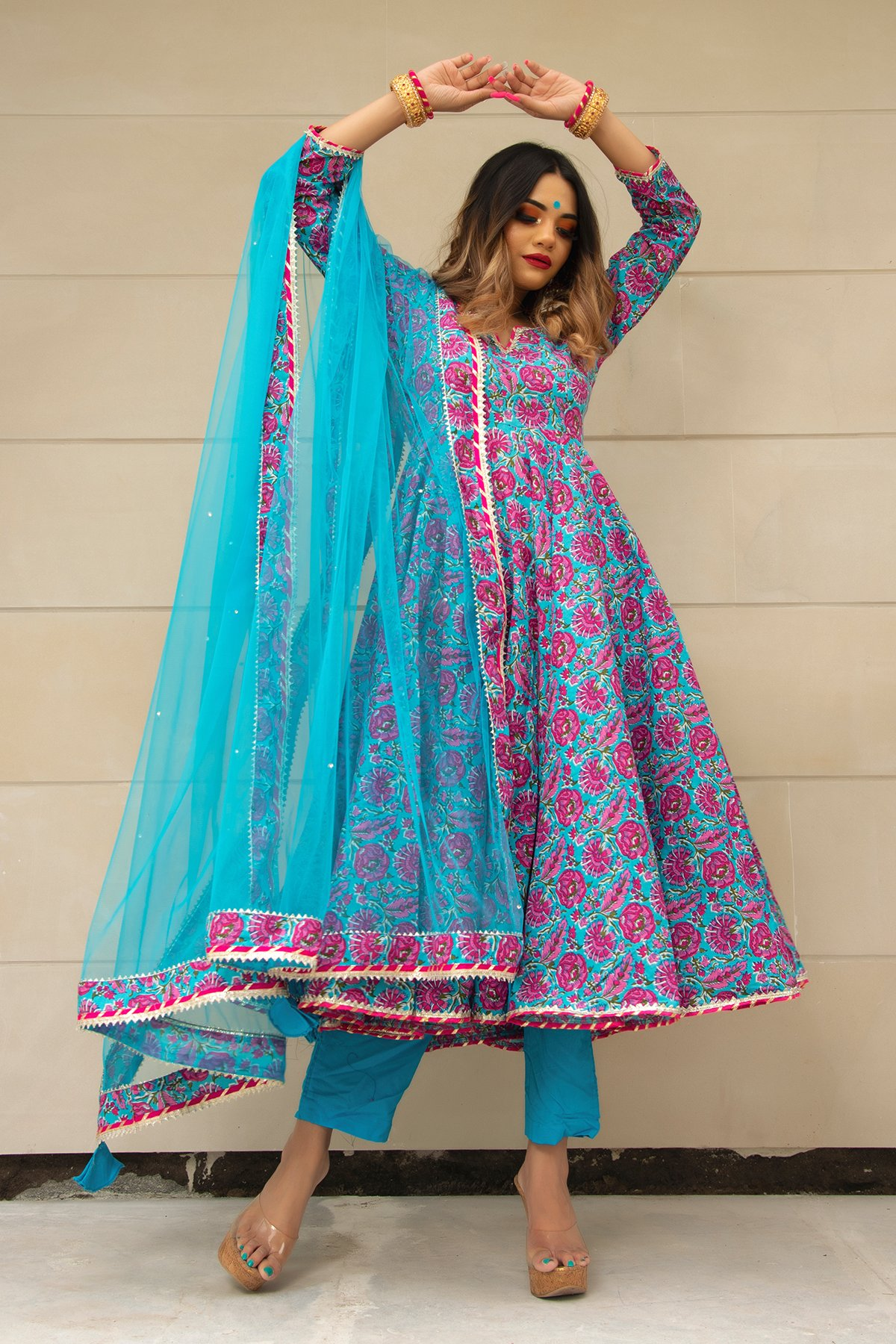Pomcha Jaipur Chitra Hand Block Cotton Anarkali Set | Swadesiicart