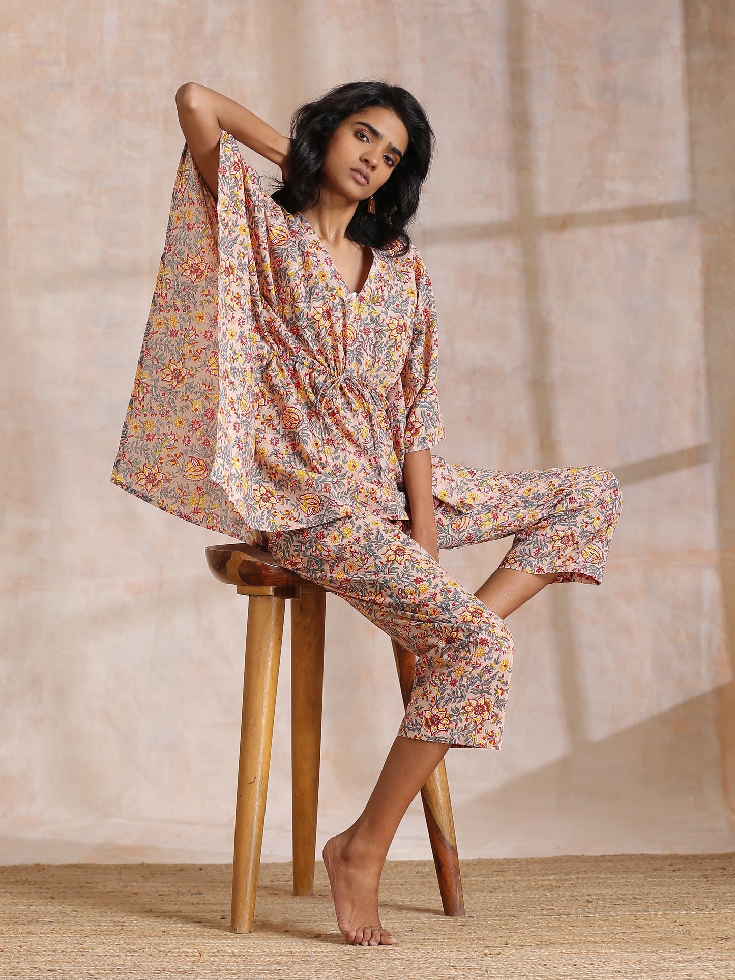 trueBrowns Multicolor Beige Overall Floral Block Print Cotton Kaftan Co-Ord Set - Swadesiicart