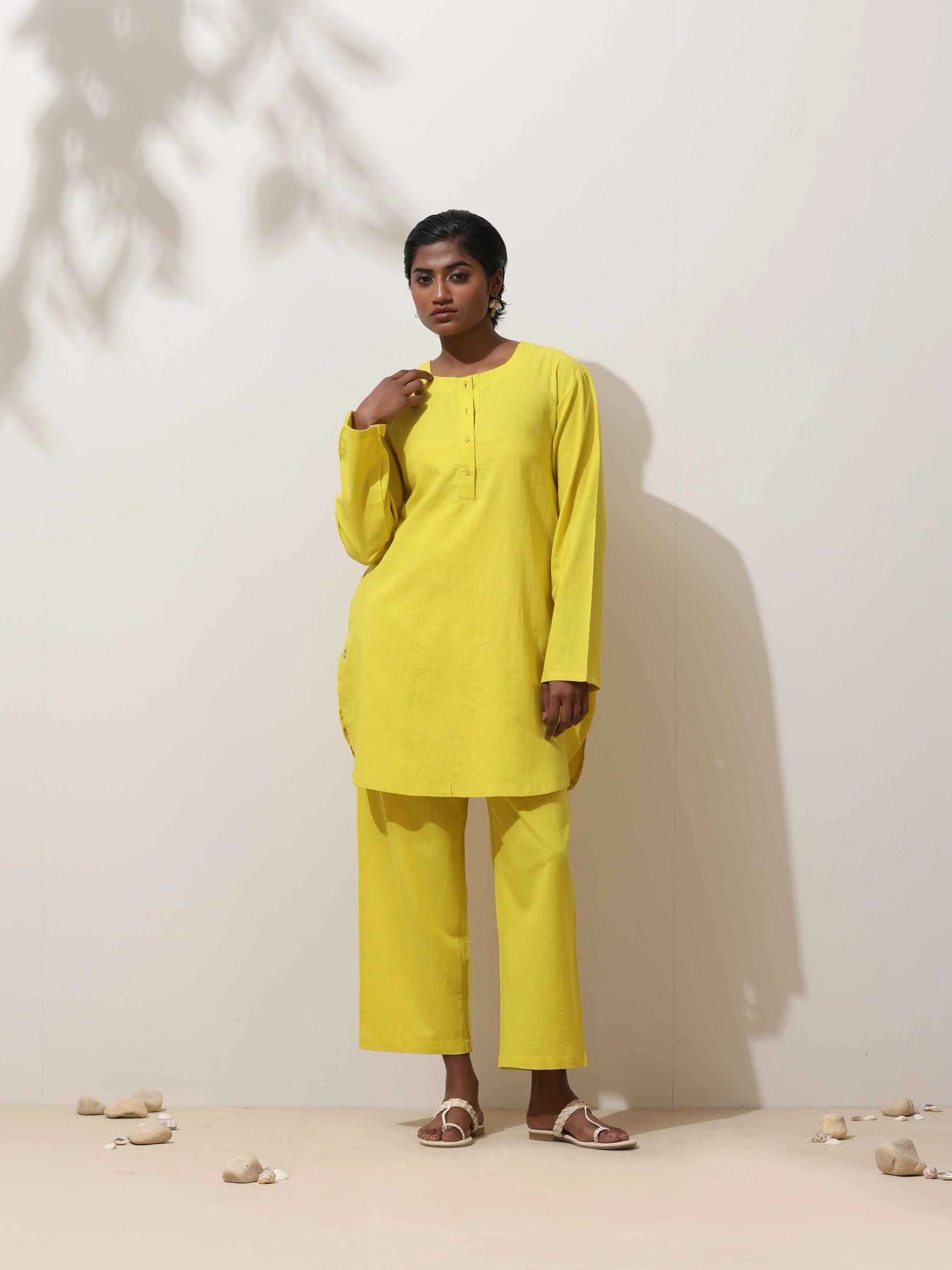 trueBrowns Lime Cotton Linen Kurta Co-Ord Set - Swadesiicart