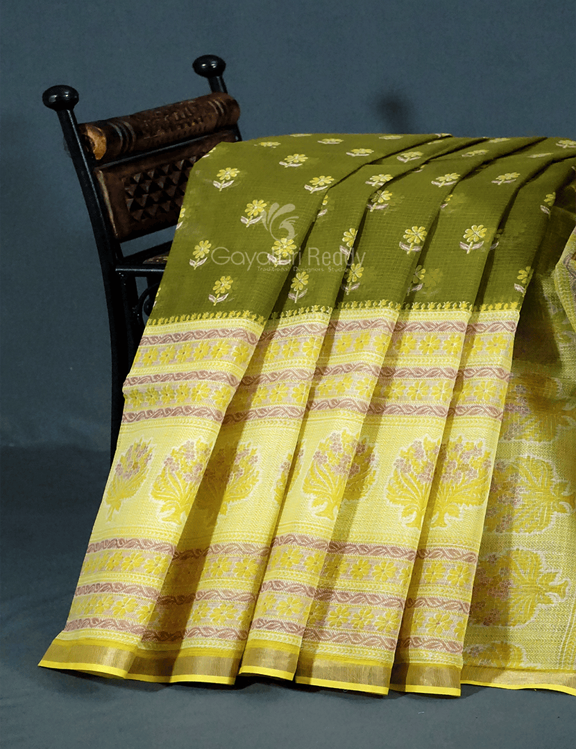Mehendi Green And Lime Green Block Print Pure Kota Cotton Saree By Gayathri Reddy Designer Studio | Swadesiicart