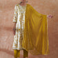 InWeave Women's White Mustard Lurex Leaf Print Patch Gota Kurta Set W Mustard Dupatta - Swadesiicart