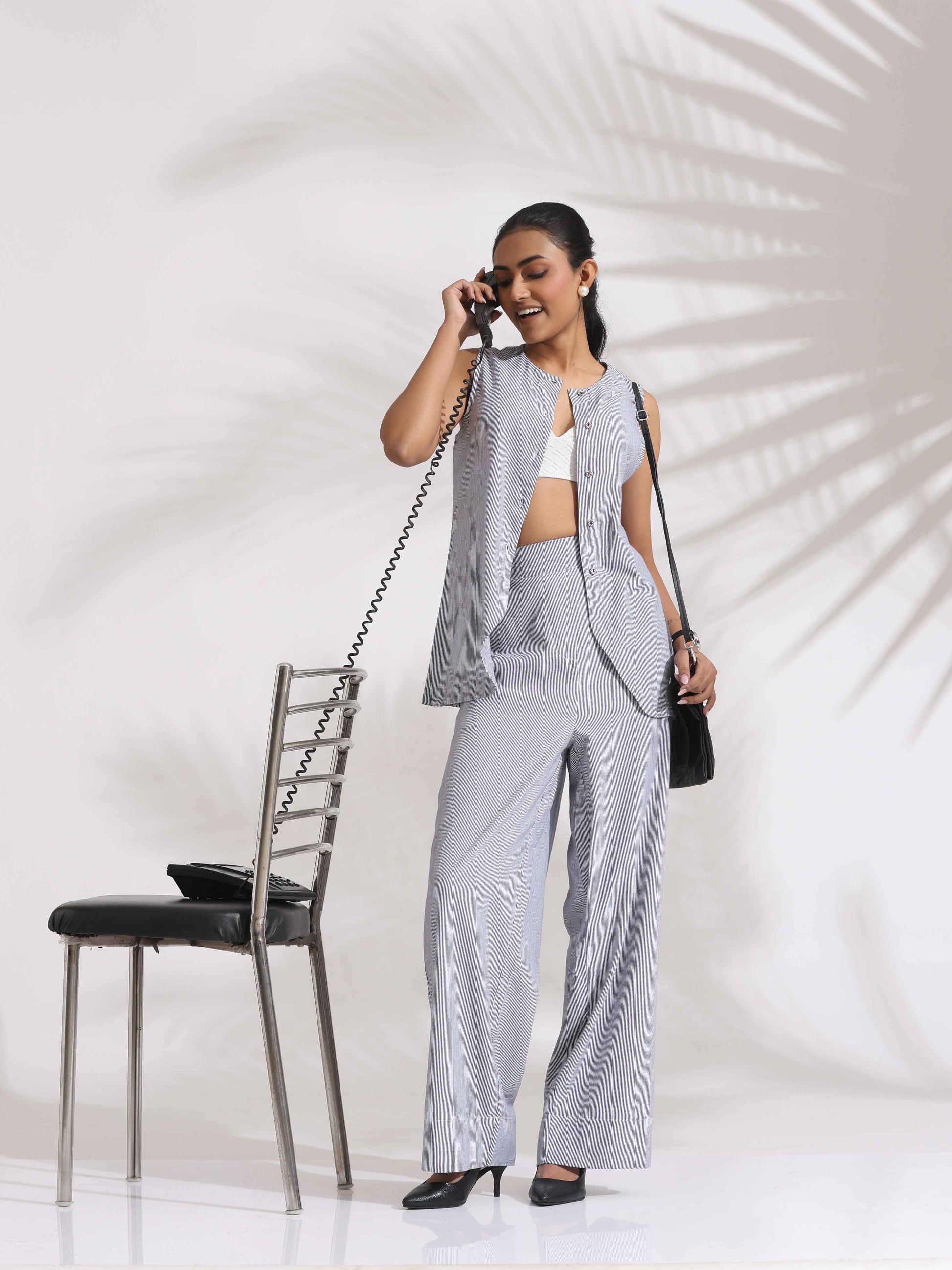 trueBrowns Grey Cotton Stripe Co-ord Set - Swadesiicart