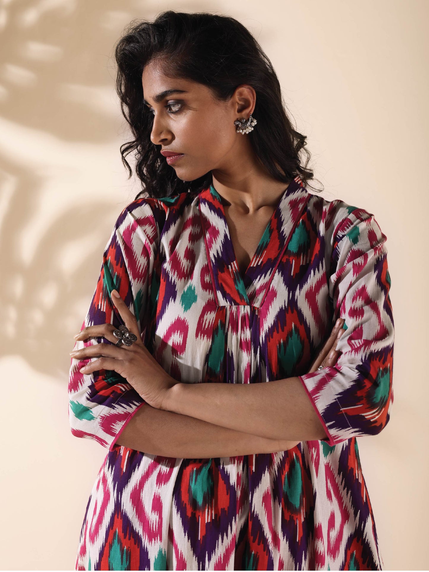 trueBrowns Pink Cotton Ikat Flared Kurta Pant Set | Swadesiicart
