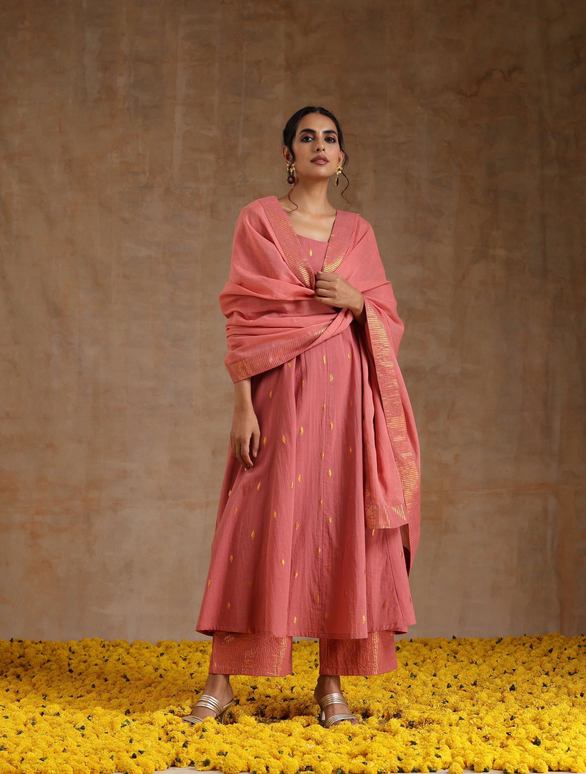 trueBrowns Blush Gold Cotton Anarkali Set | Swadesiicart